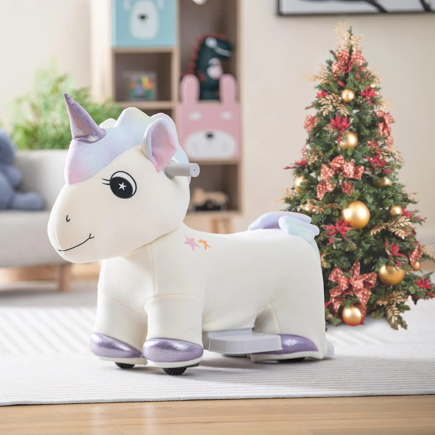 Kids Ride on , 6V Battery Powered Electric Ride on Animal Toy with Comfortable Fabric, Wheels, Foot Pedal, Music, Forward Functions, Cute Ride on Horse Riding Pony for Girls Boys