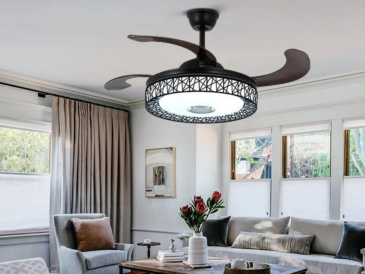42" Black Nest Ceiling Fan with Color-Changing LEDs & Bluetooth Speaker - Retractable Smoked Blades, 5000 CFM Quiet Motor, APP/Remote Control for Living Room/Patio