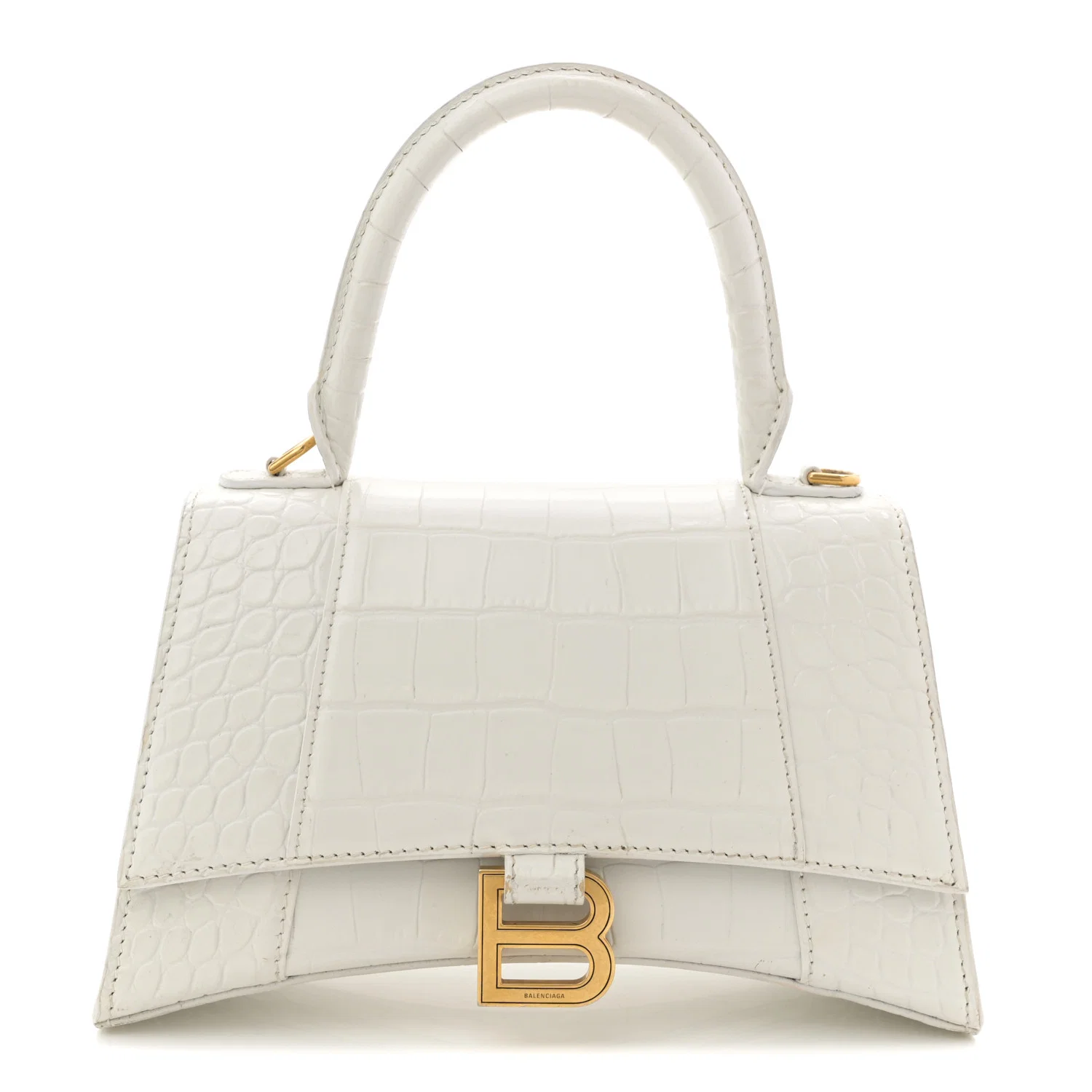 Calfskin Crocodile Embossed Small Hourglass Top Handle Bag White