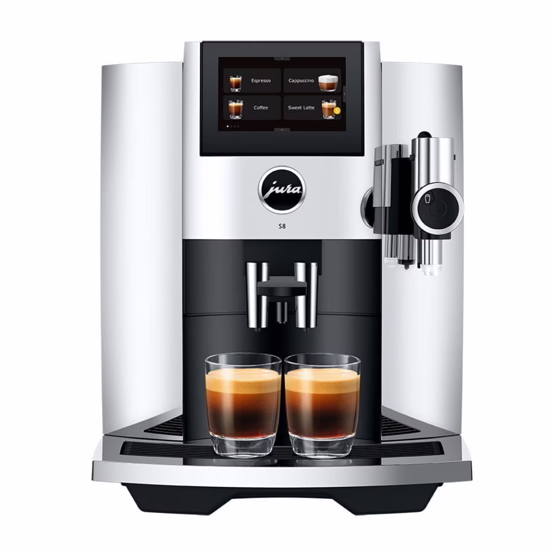 Jura S8 Automatic Coffee Machine with Sweet Foam Function, 4.3 - Inch Touchscreen, Automatic Milk Cleaning, and 2nd Generation Professional Aroma Grinder (Chrome)