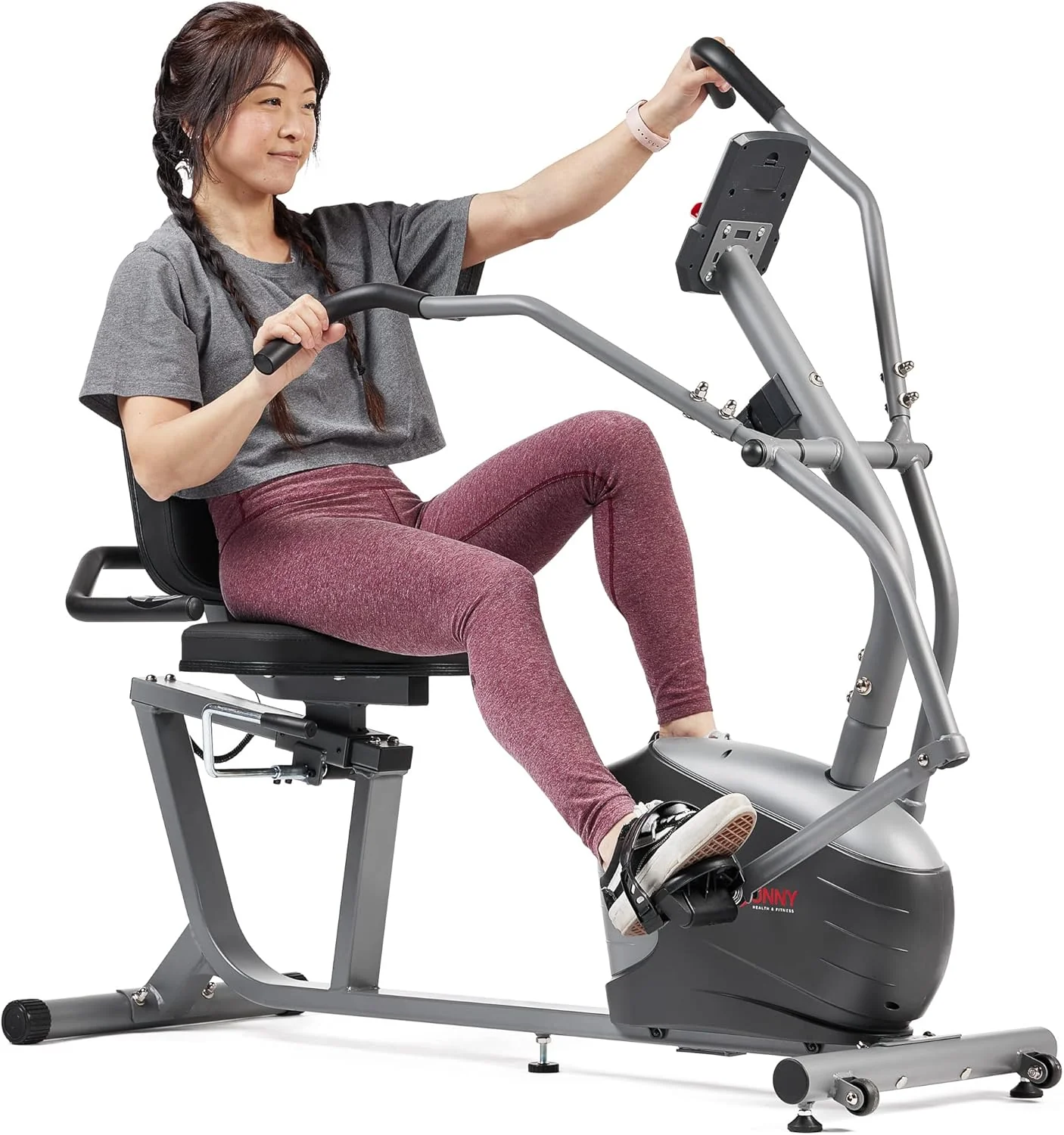 Vélo couché intelligent Sunny Health & Fitness, entraînement complet du corps à domicile avec appareils de musculation pour les bras et les jambes
