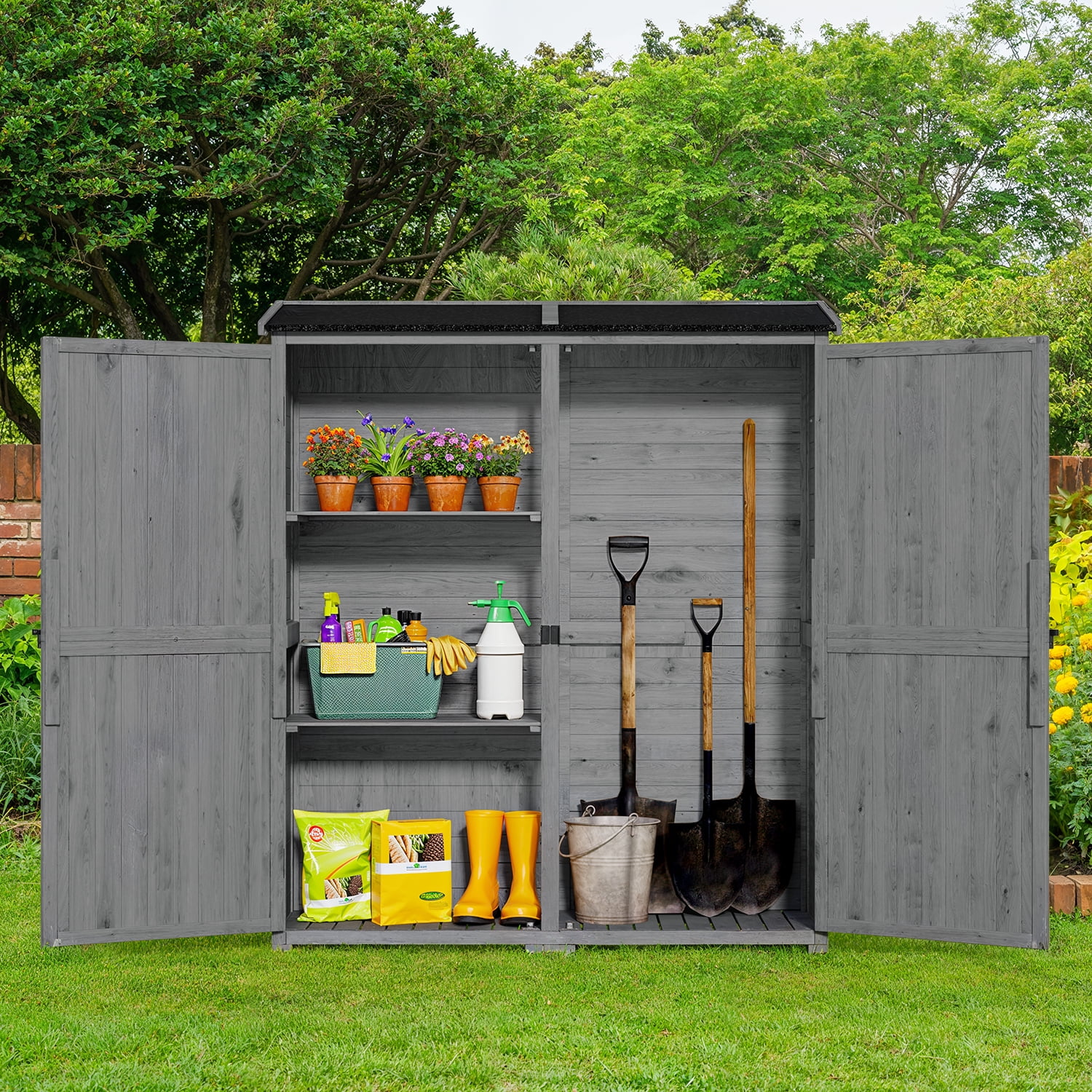 55�� Wide Outdoor Storage Shed with Lockable Double Doors Weather-Resistant Garden Shed for Patio, Backyard Lawn, Gray(55"W/Grey) - Image 9