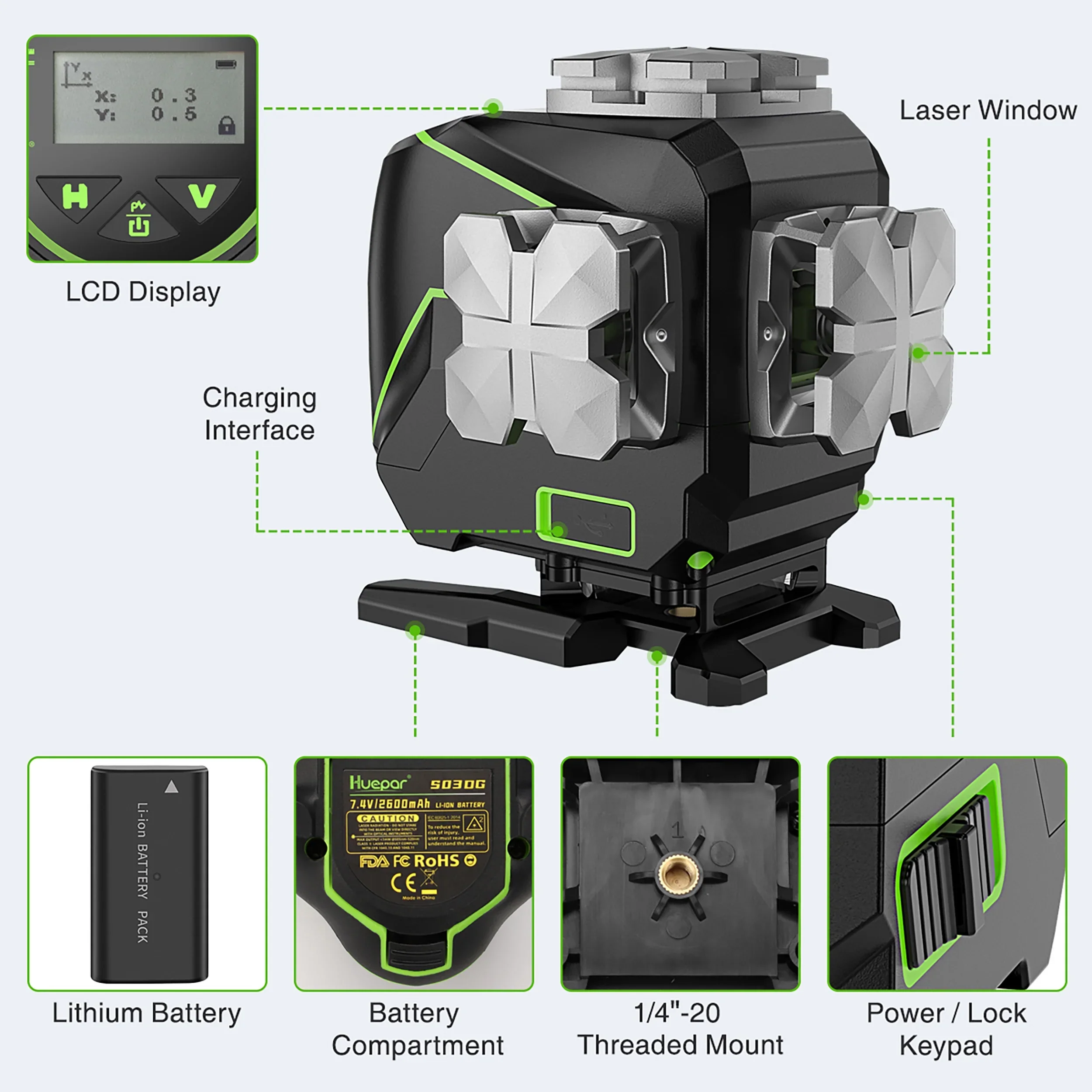 4D 16 Lines Self-Leveling Laser Level, 200Ft Green Beam 4 x 360° Cross Line Laser Level Tools with LCD Screen, Bluetooth and Magnetic Bracket
