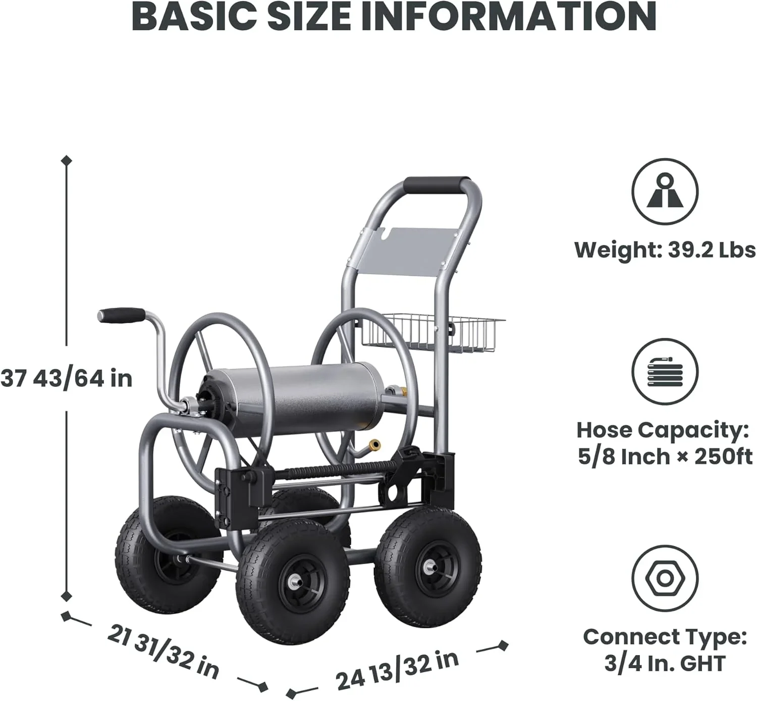 Giraffe Tools Heavy Duty Industrial Garden Hose Reel Cart with Wheels, 5/8in-250ft Hose Capacity