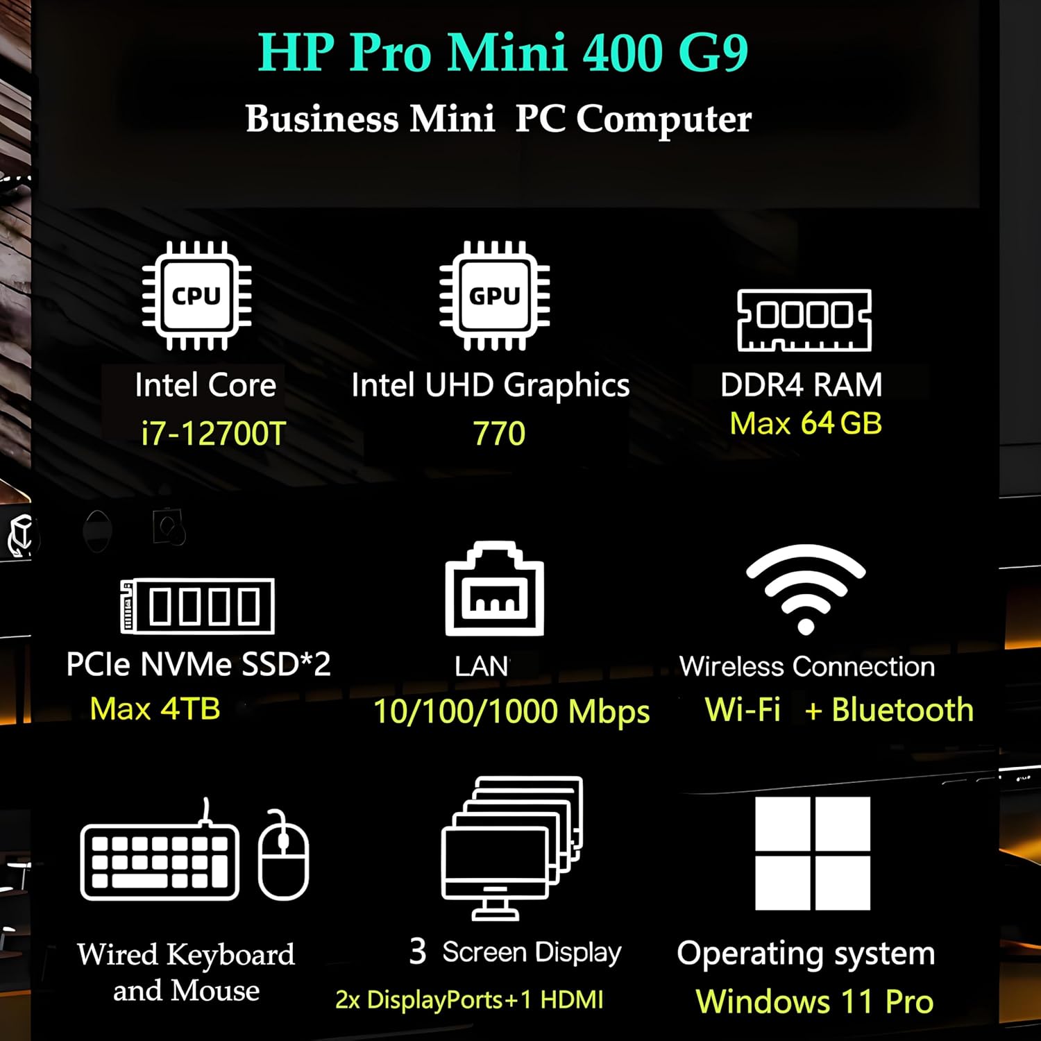 HP Pro Mini 400 Desktop Computer PC with Intel i7-12700T  (12C/20T)  16GB RAM  512GB SSD  Triple 4K Display (DP 1.4/HDMI 2.1)  WiFi and Bluetooth  Windows 11 Pro (with Keyboard & Mouse & Stand)  Black