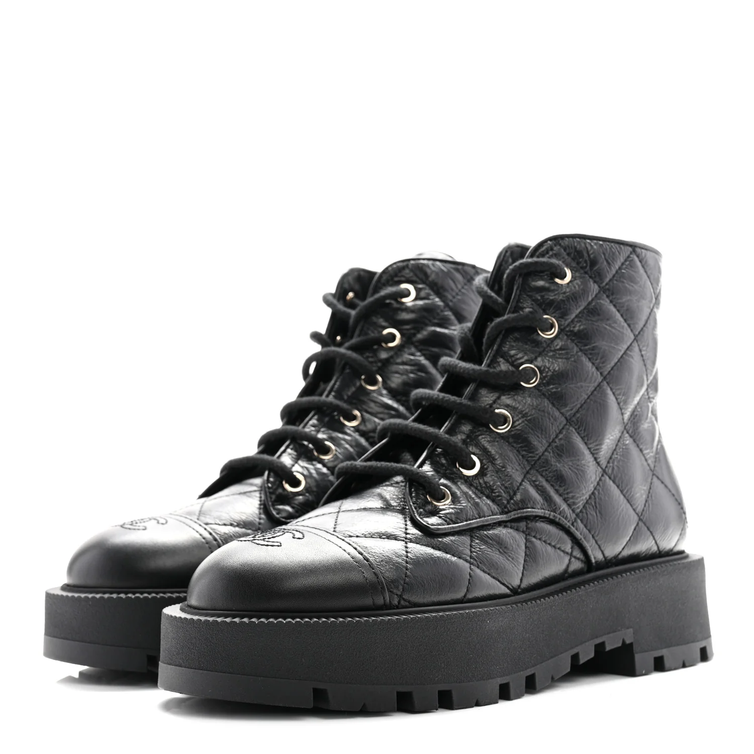 Crumpled Lambskin Quilted Platform Lace Up Combat Boots 39 Black
