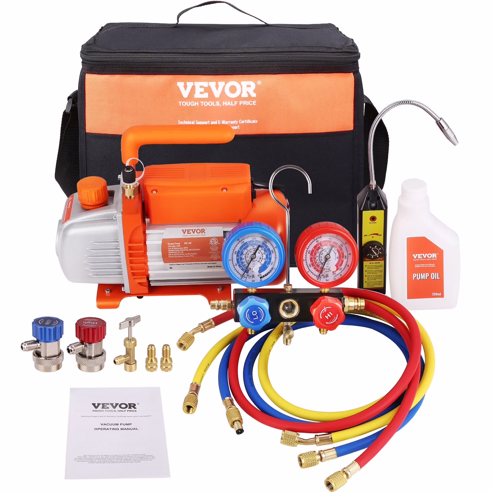 1/4 HP 4 5 CFM AC Vacuum Pump and Gauge Set, Single Stage Rotary Vane HVAC Air Vacuum Pump A/C?Refrigerant?Kit Manifold Gauge Set, with Three Color Hose Carry Bag, Applicable to R134a, R410a