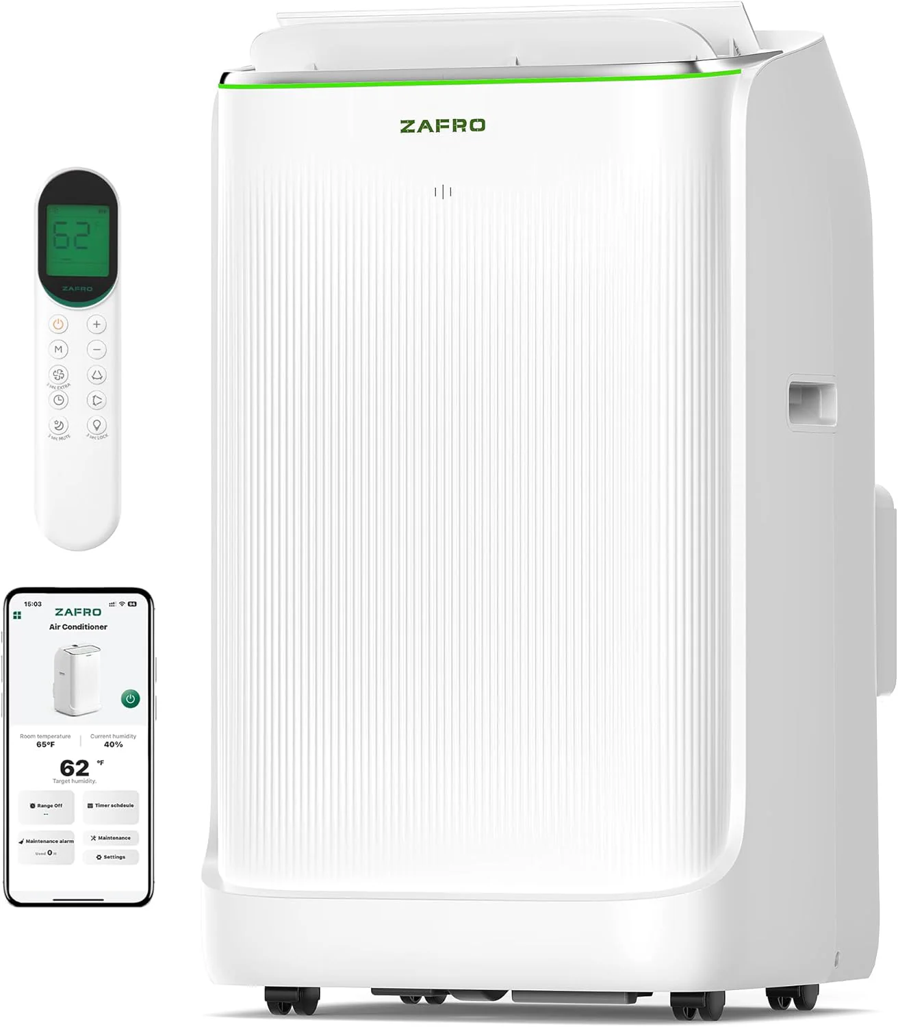 Climatiseur portable ZAFRO Inverter, 16 000 BTU (12 000 BTU SACC) : unité de climatisation portable intelligente avec double tuyau, ultra-silencieuse (42 dB), refroidissement sans drainage, minuterie 24 h, application et télécommande pour une utilisa