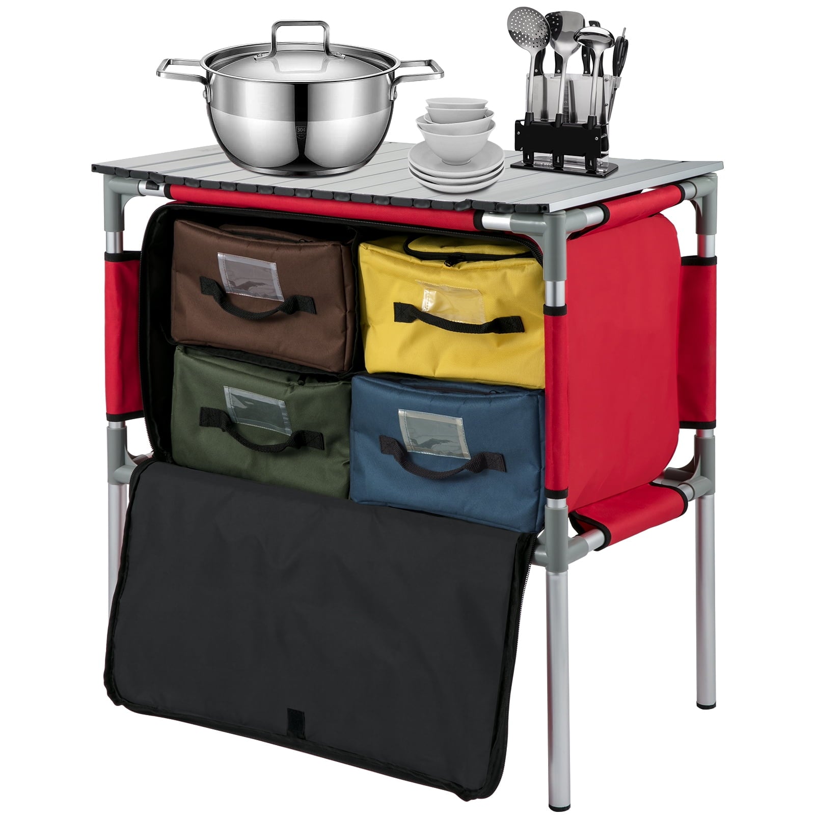 Camping Kitchen Station. Aluminum Portable Folding Camp Cook Table with 4 Detachable Legs & 4 Cooler Bags. Red