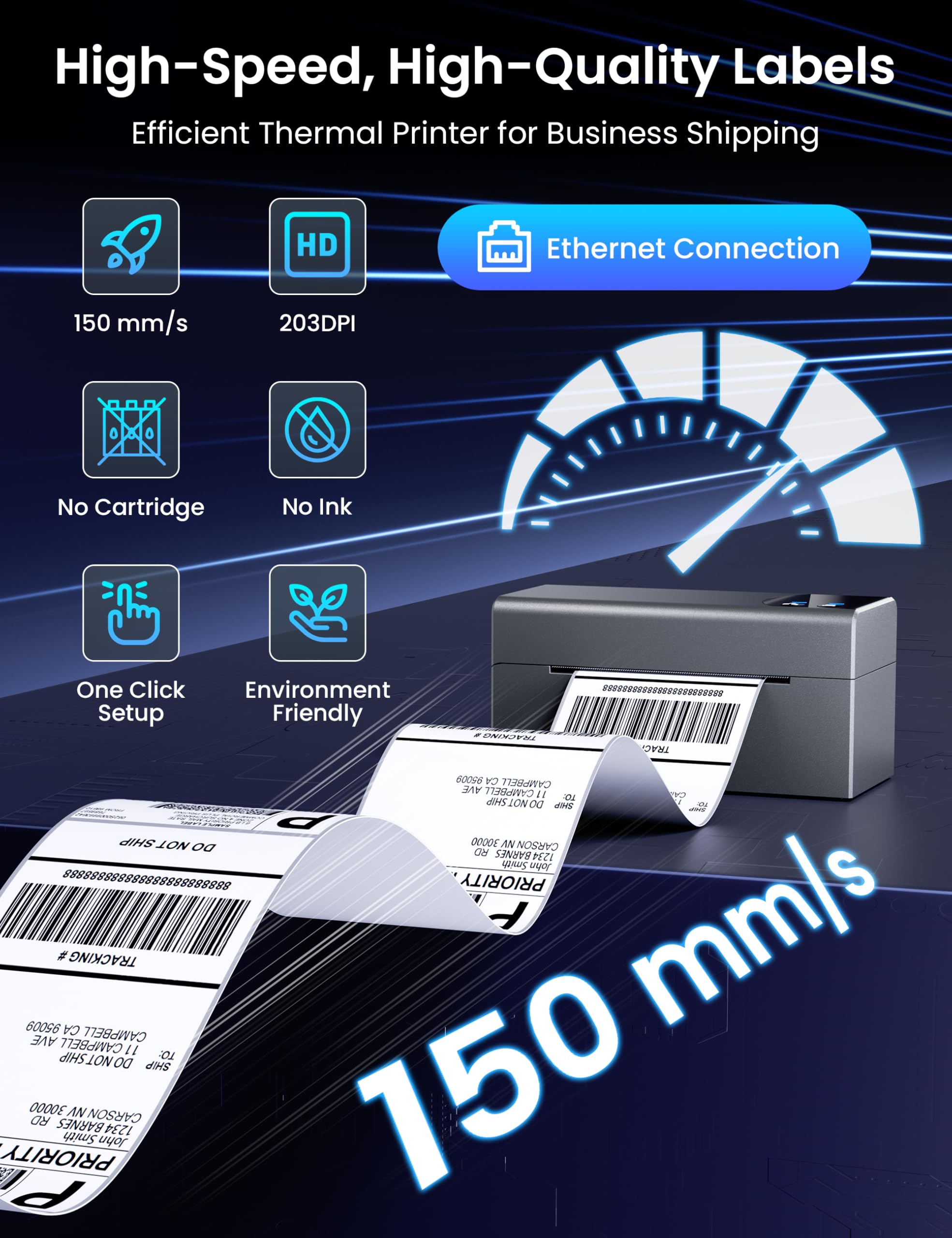 Thermal Label Printer with Ethernet & Bluetooth Connectivity | 150mm/s Speed Wiress Thermal Printer, Compatible with USPS/UPS & More, Shipping Label Printer for Home & Small Business