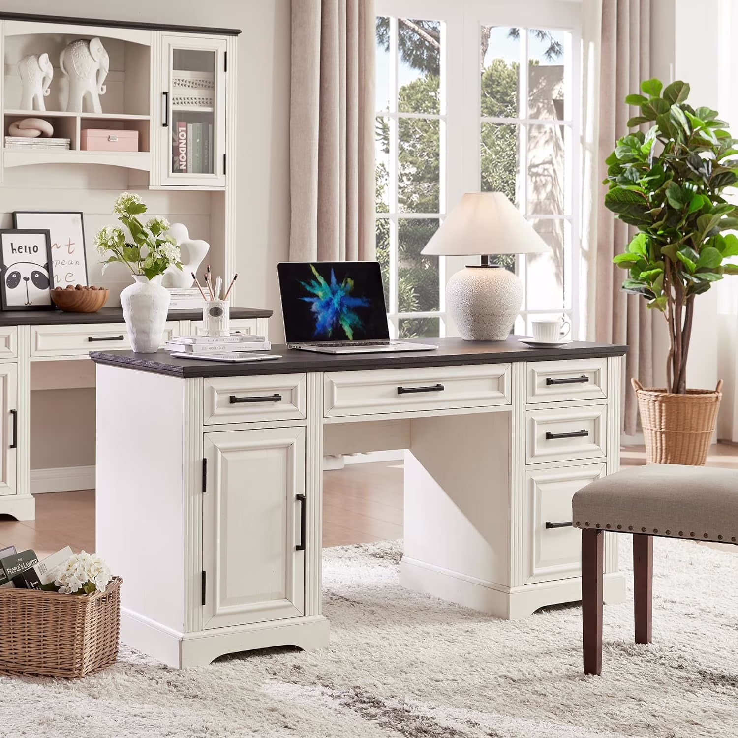 Farmhouse Wood 58" Executive Desk, Home Office 30" High Computer Desk with Drawers and Storage Cabinet, White(White)