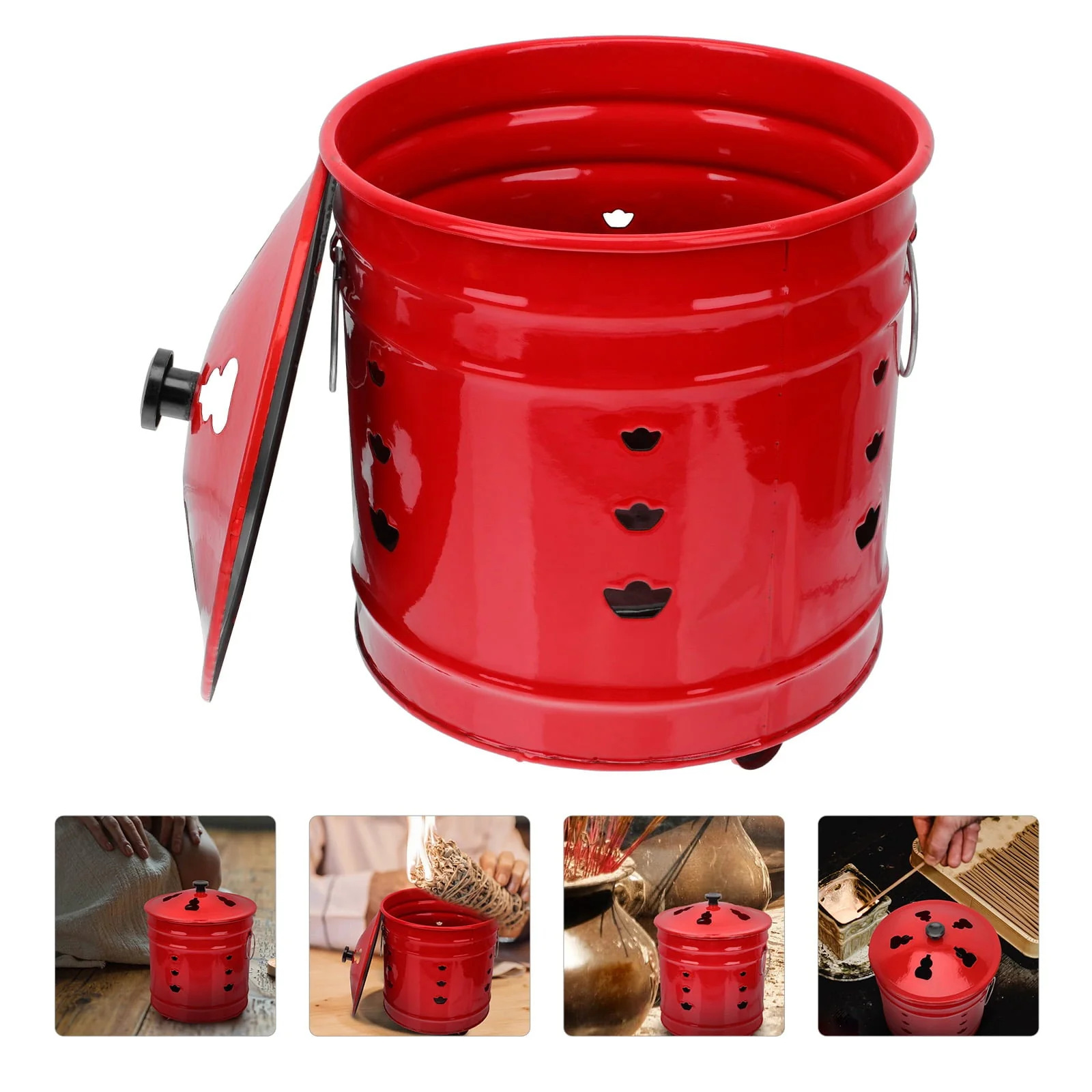 Fire Pit Incinerator Barrel Burn Burning Bonfire Bucket Bin Bowl Cage Garden Fireplace Money Steel Stainless Outdoor(26x26cm/Red) - Image 4