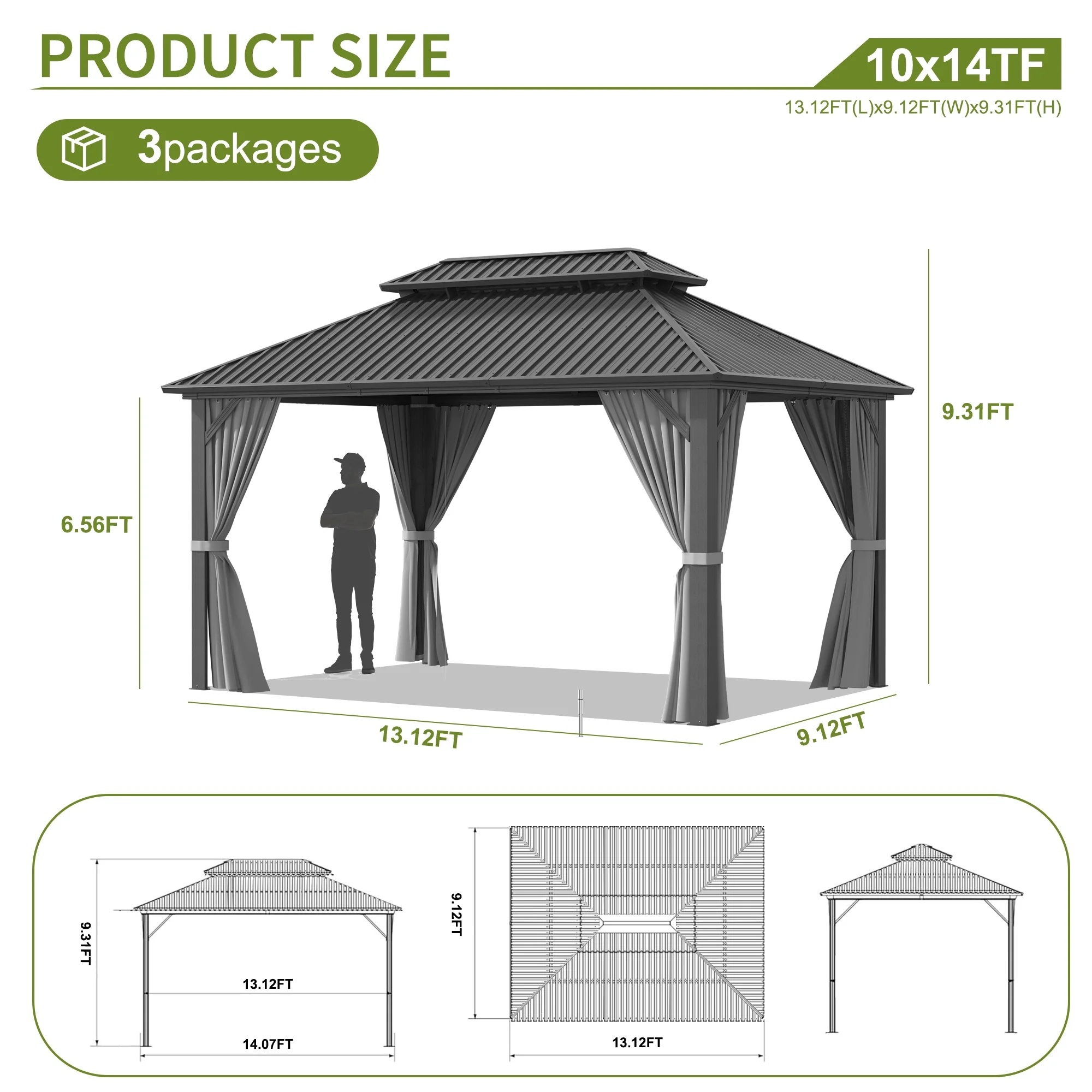 10'x12' Hardtop Gazebo with Aluminum Frame, Permanent Outdoor Pavilion Metal Gazebo with Galvanized Steel Double Roof Mosquito Netting and Curtains for Patios, Gardens, Lawns, Gray(10' x 12') - Image 10