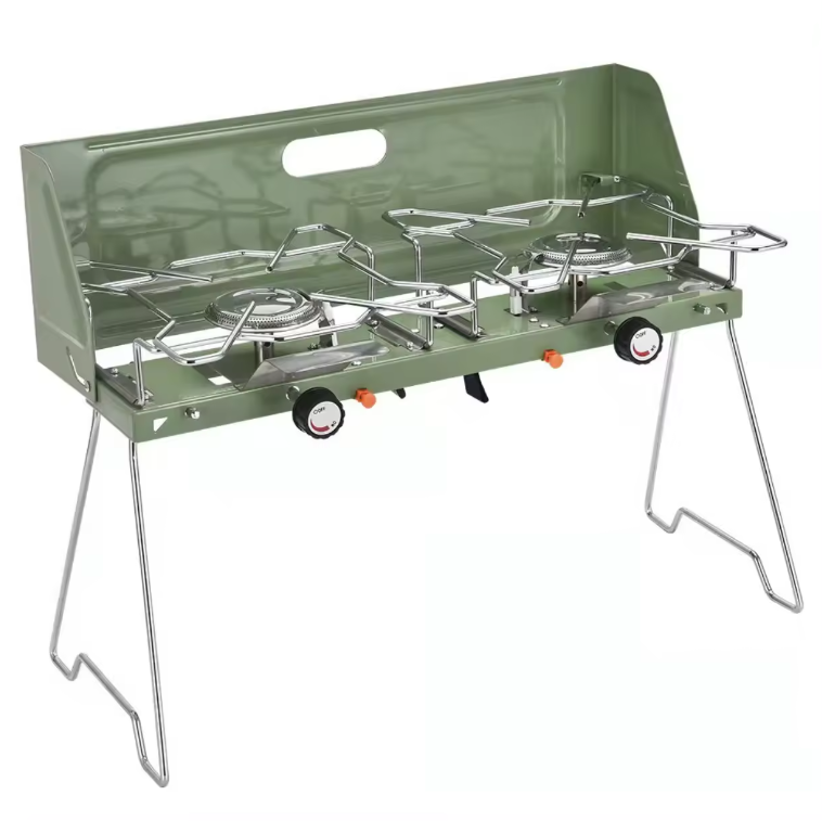Two-Burner Folding Aluminum Alloy Smokeless BBQ Grill Flame Tamer Safety Adjustable Height Portable Gas Stove for 3-5 People