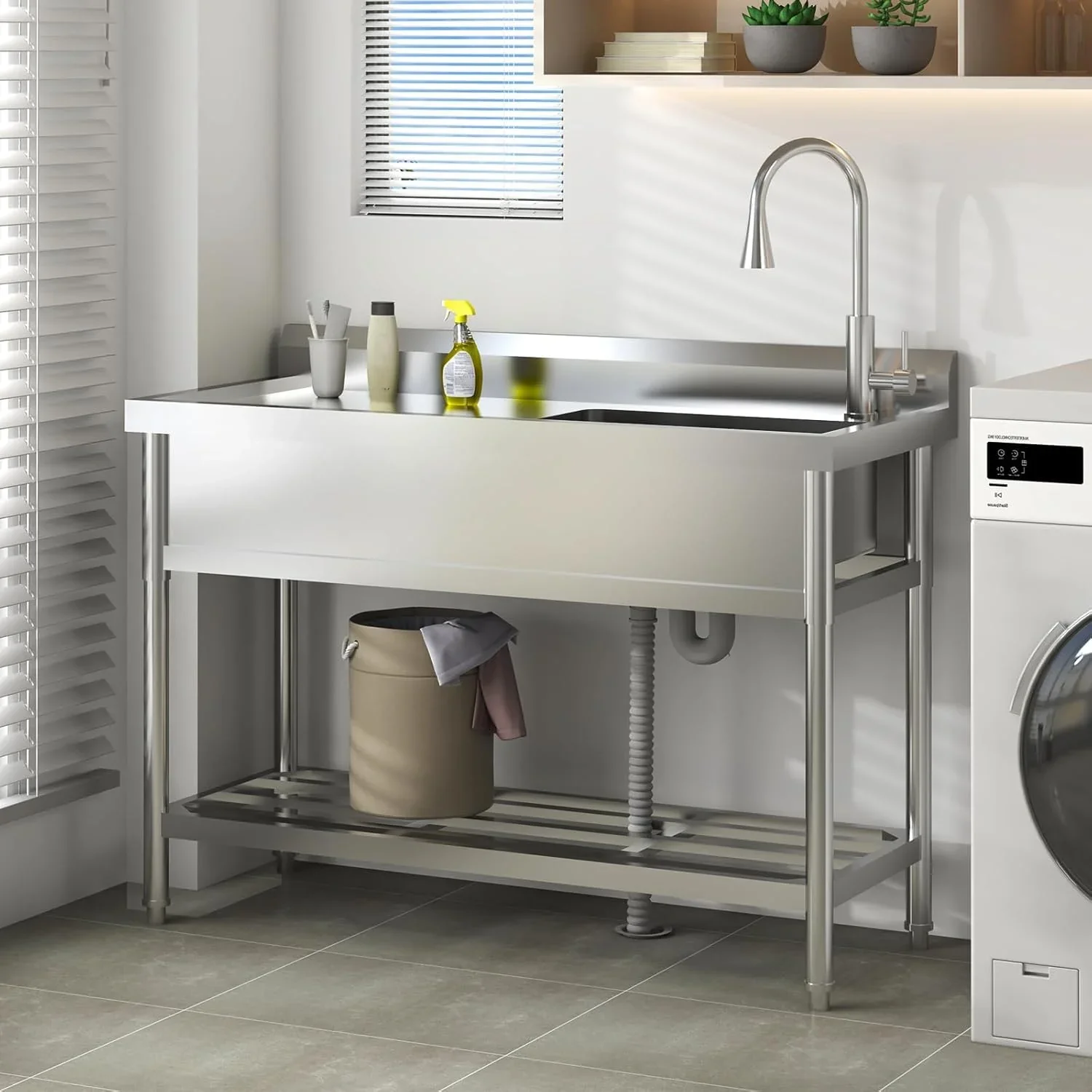 TROPOW 24x20x42 Inch Stainless Steel Utility Sink, Freestanding Single Bowl with Cold and Hot Water Pipe and Faucet, Commercial Sink Kitchen Sink for Restaurant Laundry Room Bathroom Garage Garden