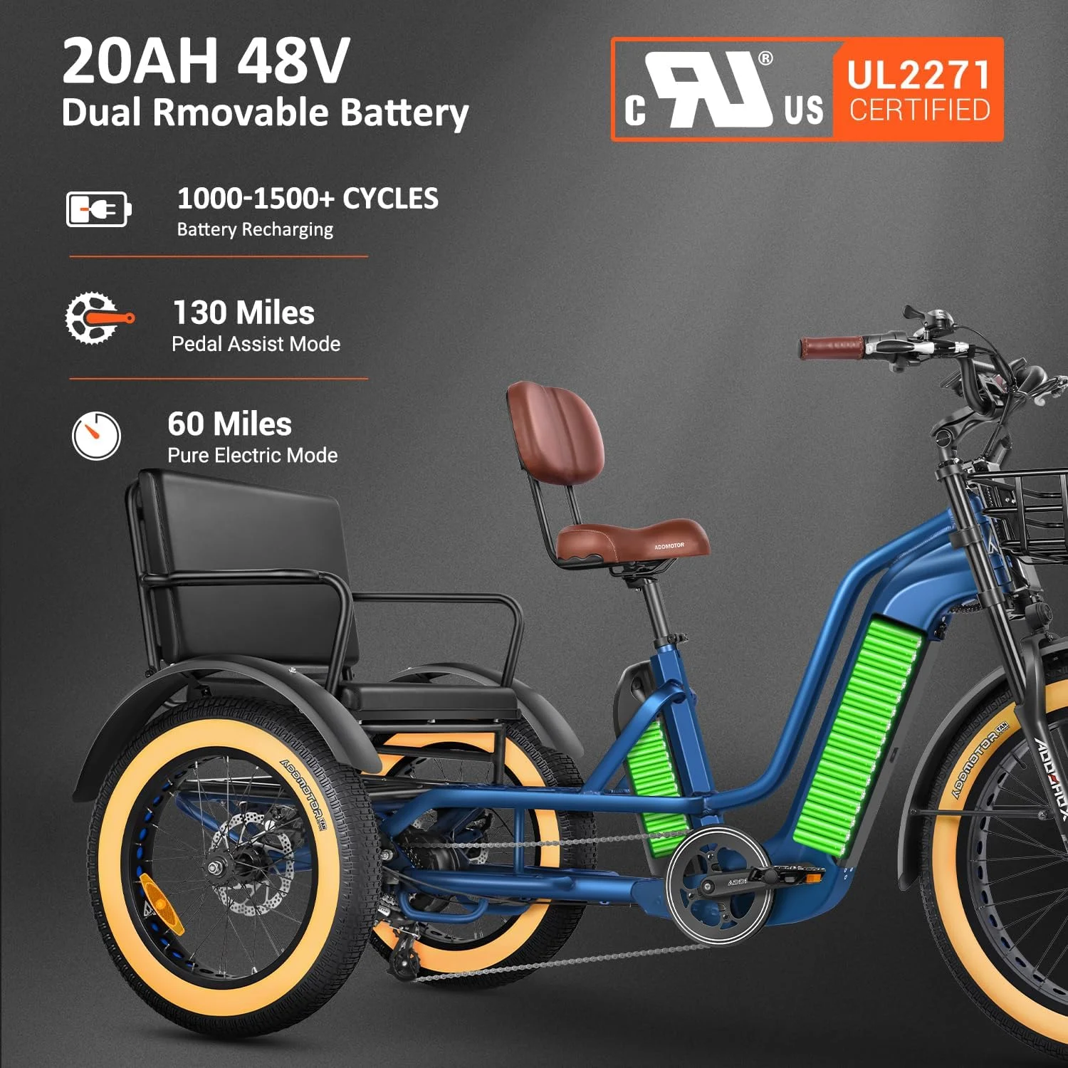 GREATTAN L Electric Trike for Adults, 750W Rear Motor Electric Trike with Passenger Seat, 65/130Mi 20/40AH 48V, Dual-Battery System 2 Seater Electric Tricycle, Parking Brake, Differential(Blue/Single battery) - Image 4