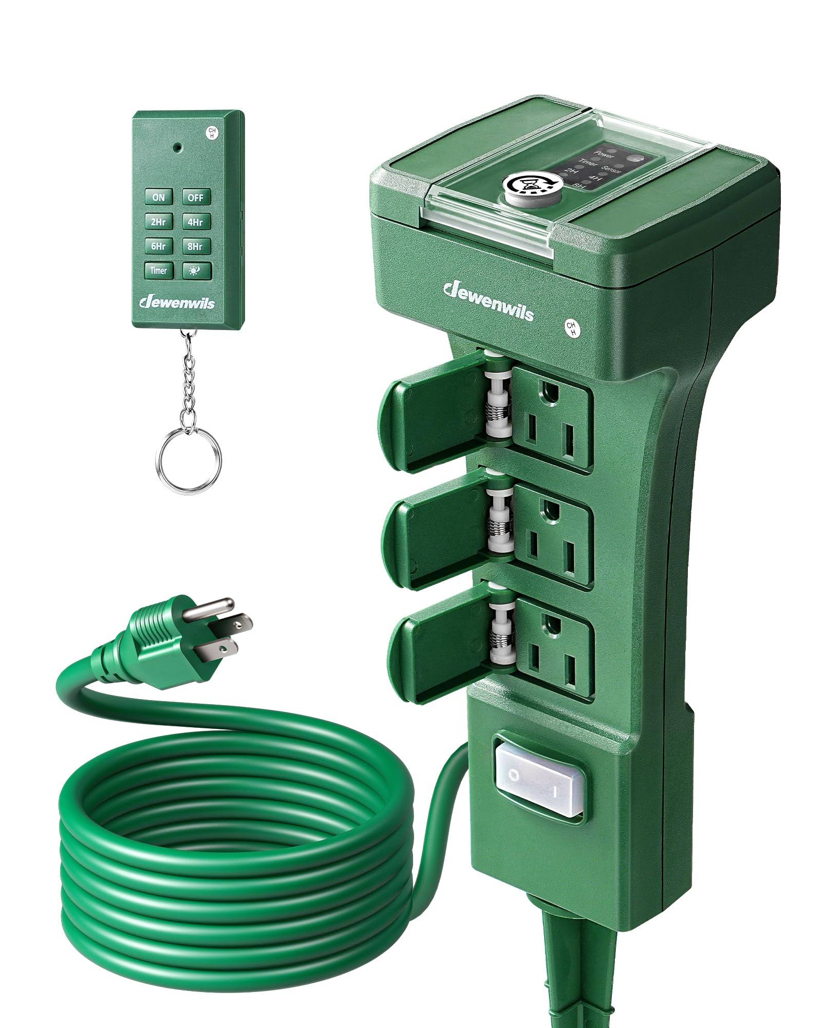 DEWENWILS Outdoor Power Stake Timer Waterproof, 100ft Remote Control Outlet Timer, 6 Grounded Outlets 6ft Cord, Photocell Dusk T
