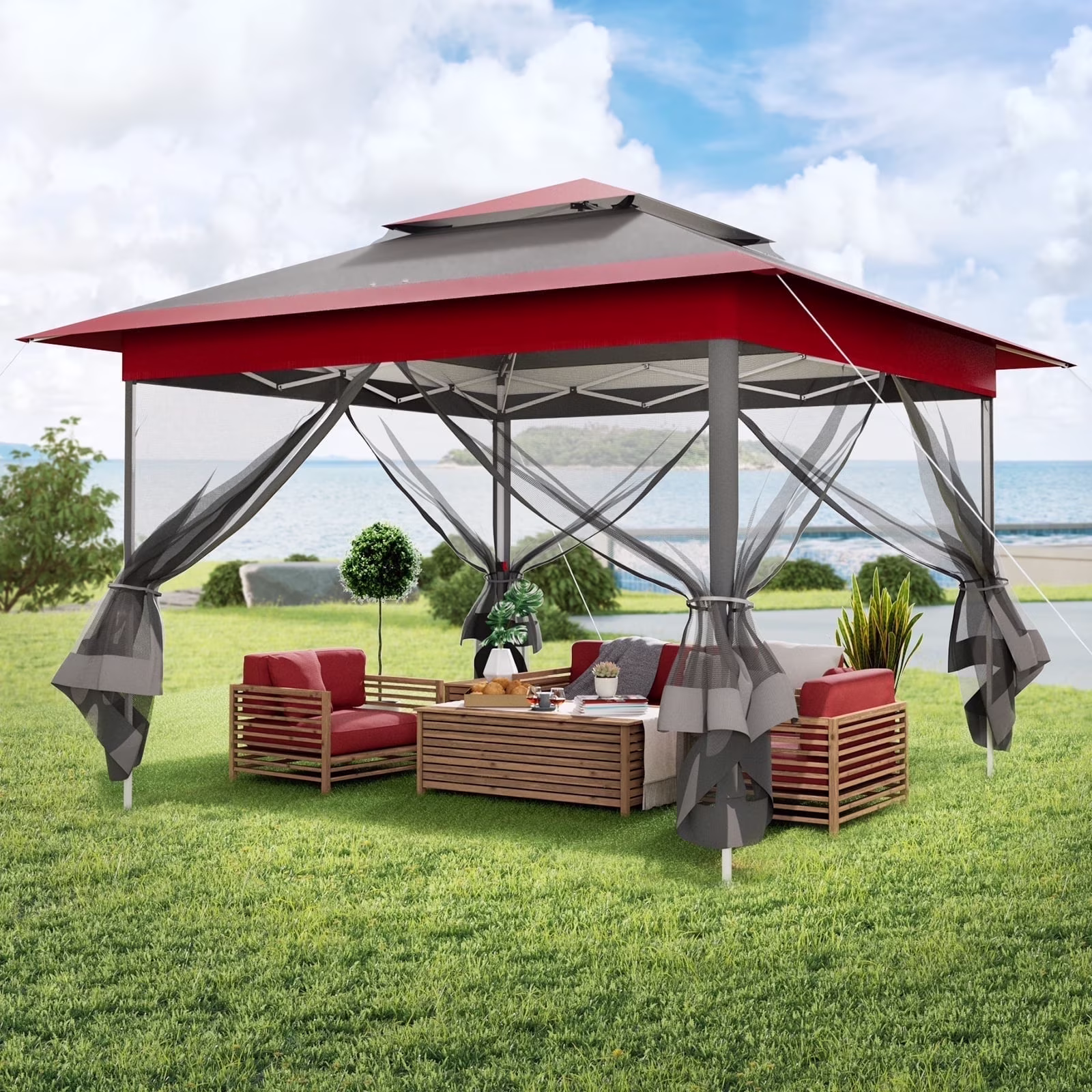 LAZY BUDDY Pop up Gazebo, 11'x11' Outdoor Canopy Tent with Nettings, Instant Folding Shelter for Patio Garden Backyard