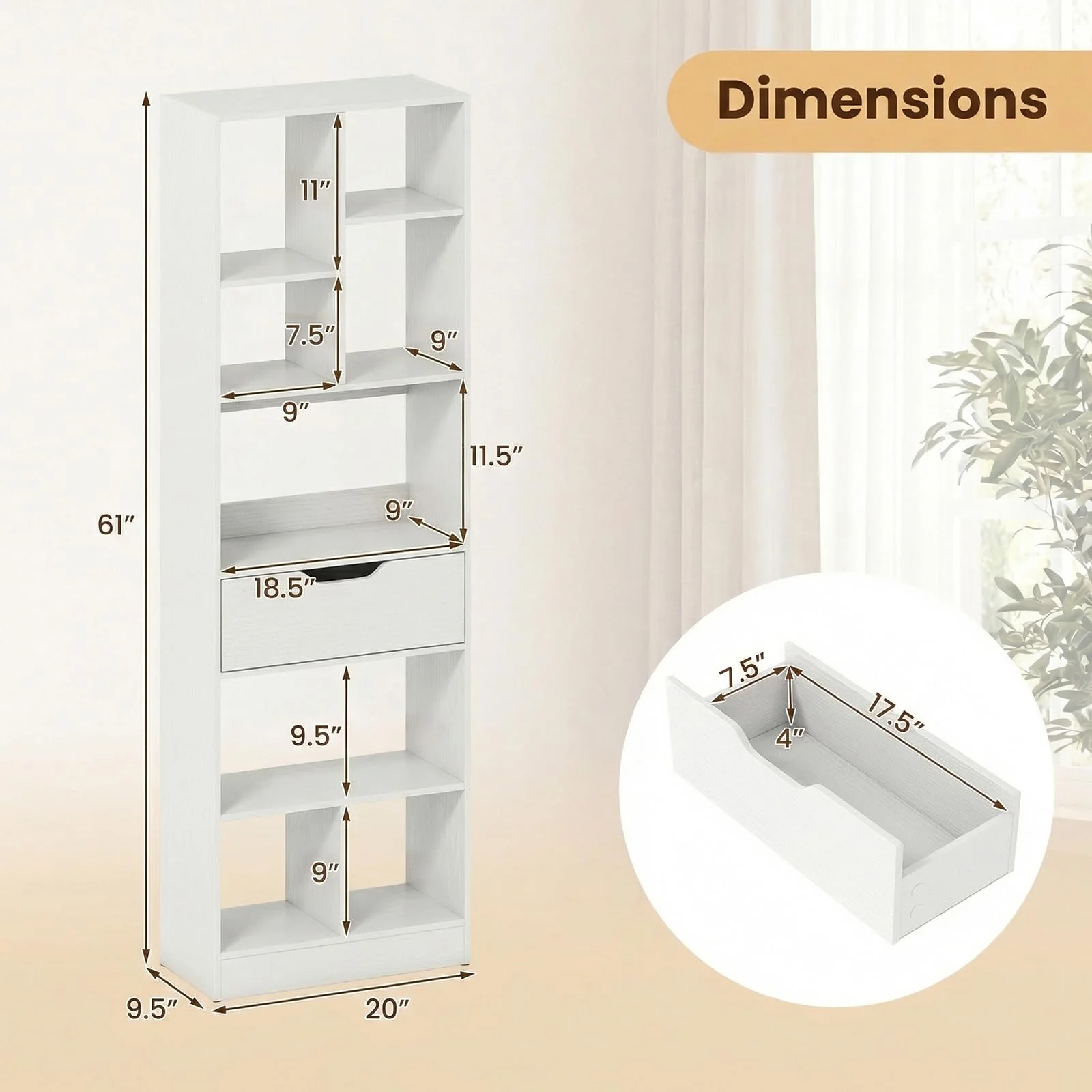 Tangkula 61” Tall Open Bookcase with Drawer(1/2)