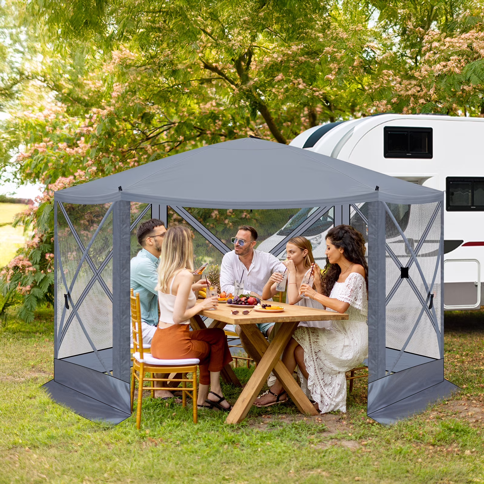 12' x 12' Pop Up Canopy Tent with 6 Mesh Sidewalls, Instant Sun Shelter Tents with Netting & Carry Bag for Parties for Outdoor, Garden, Patio, Gray