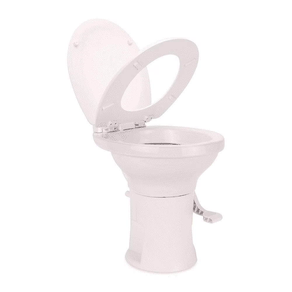 Camco Premium Ceramic Camper/RV Toilet | Features Gravity Flush System with Convenient Foot Pedal | Full - Sized Ergonomic Design with 18