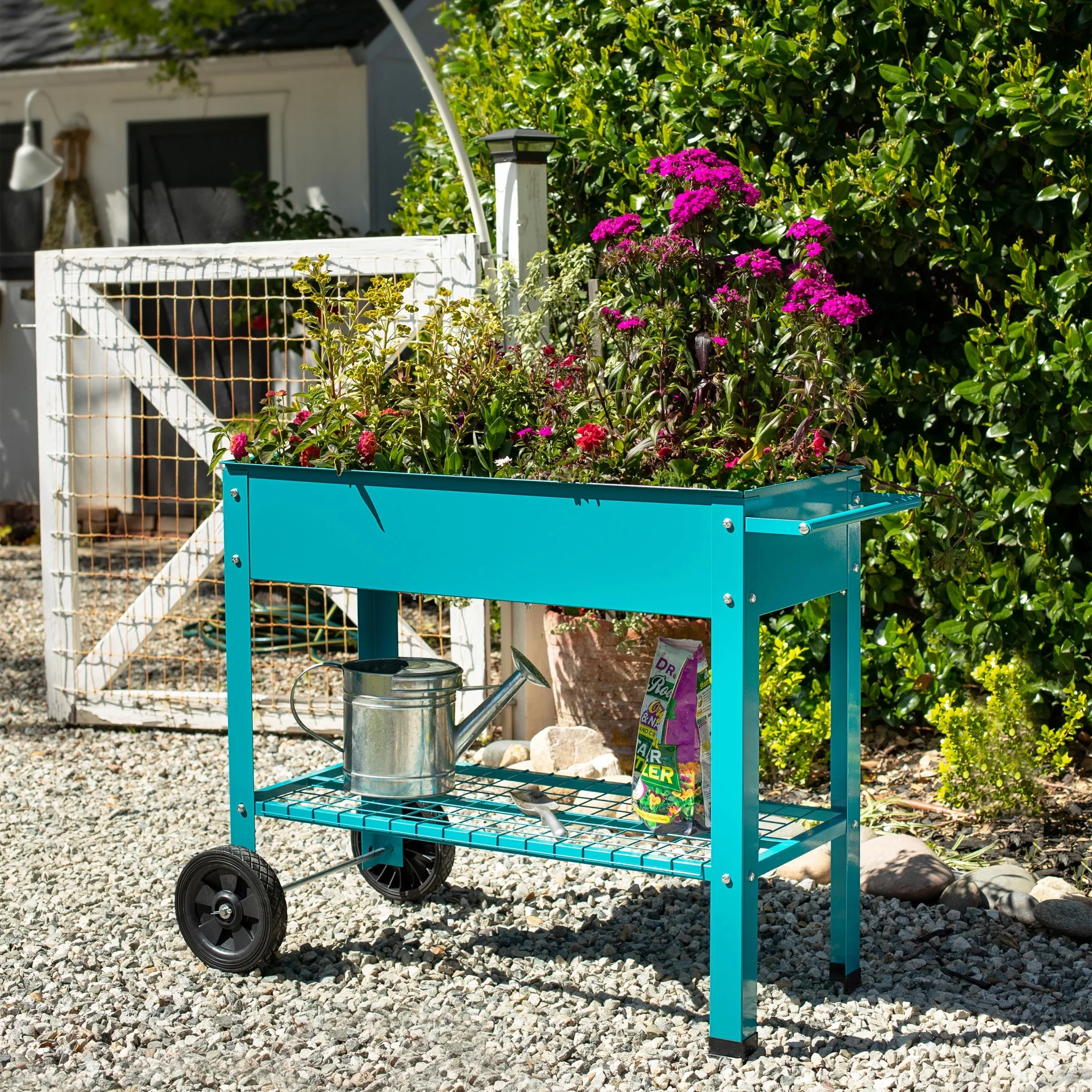 Sunnydaze 43.5 x 20.75 x 31.75 Blue Galvanized Steel Raised Garden Bed Cart with Wheels