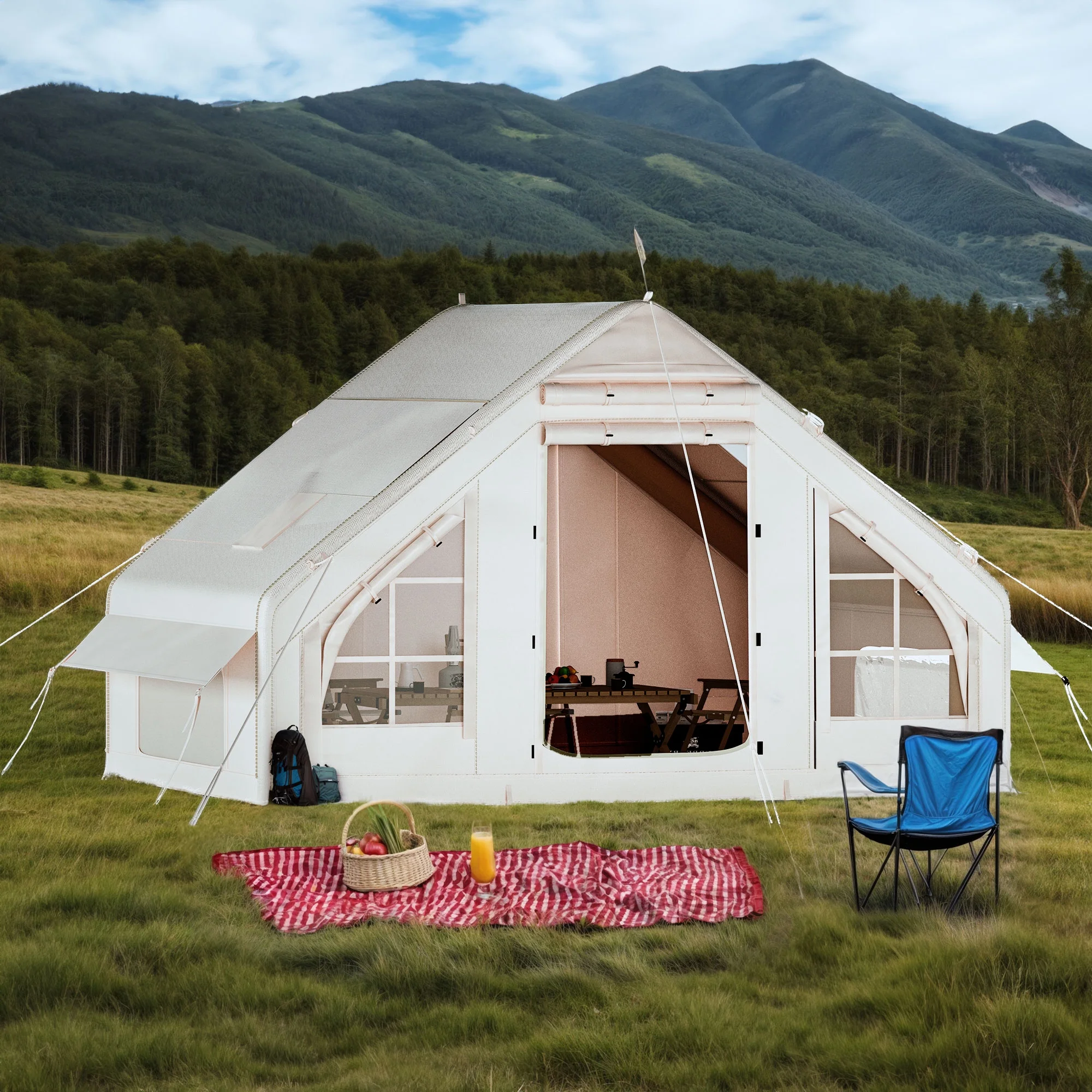 6-Person Portable Inflatable Camping and Glamping Tent �C Waterproof with Air Hose Pump in Beige - Image 4