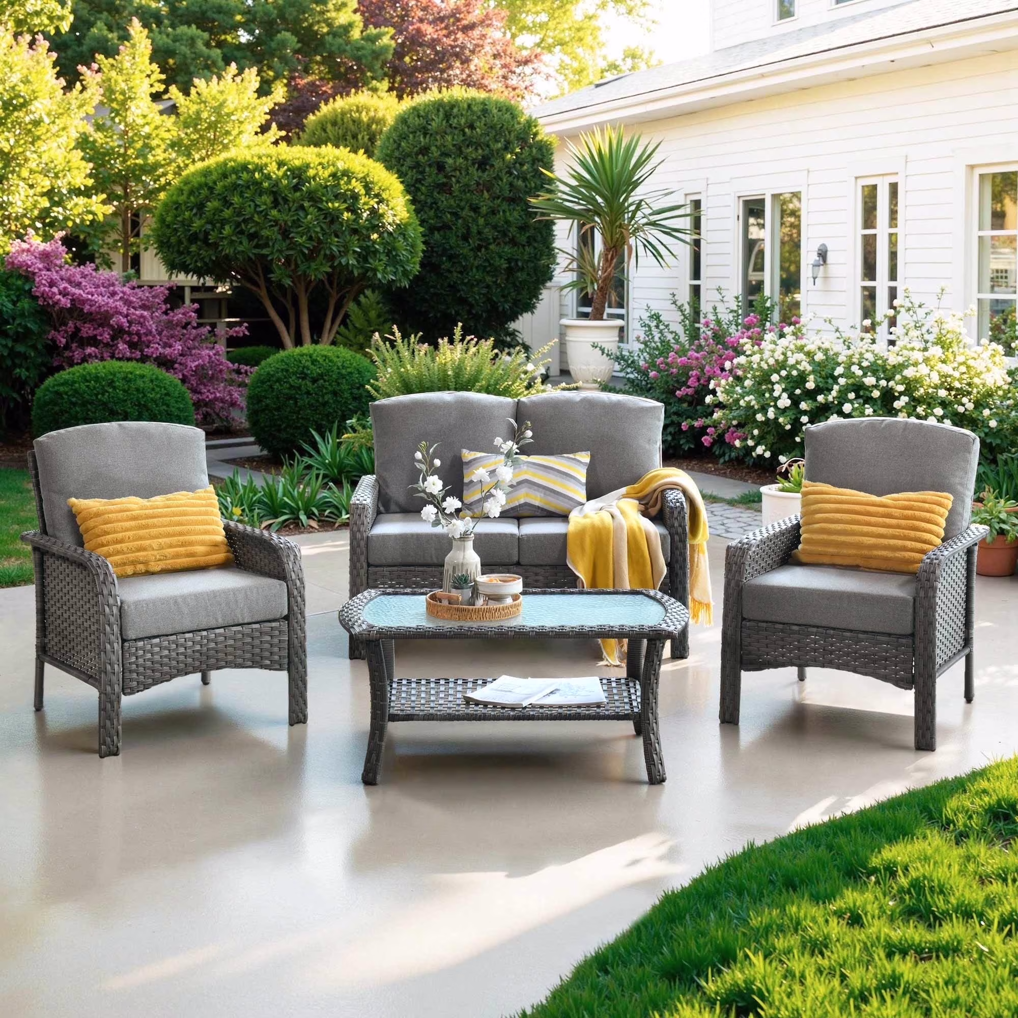 4 Pieces Wicker Outdoor Patio Furniture with Coffee Table High Back All Weather Rattan Outdoor Sectional Conversation Set for Backyard Porch Garden, Denim Blue(Denim Blue) - Image 3