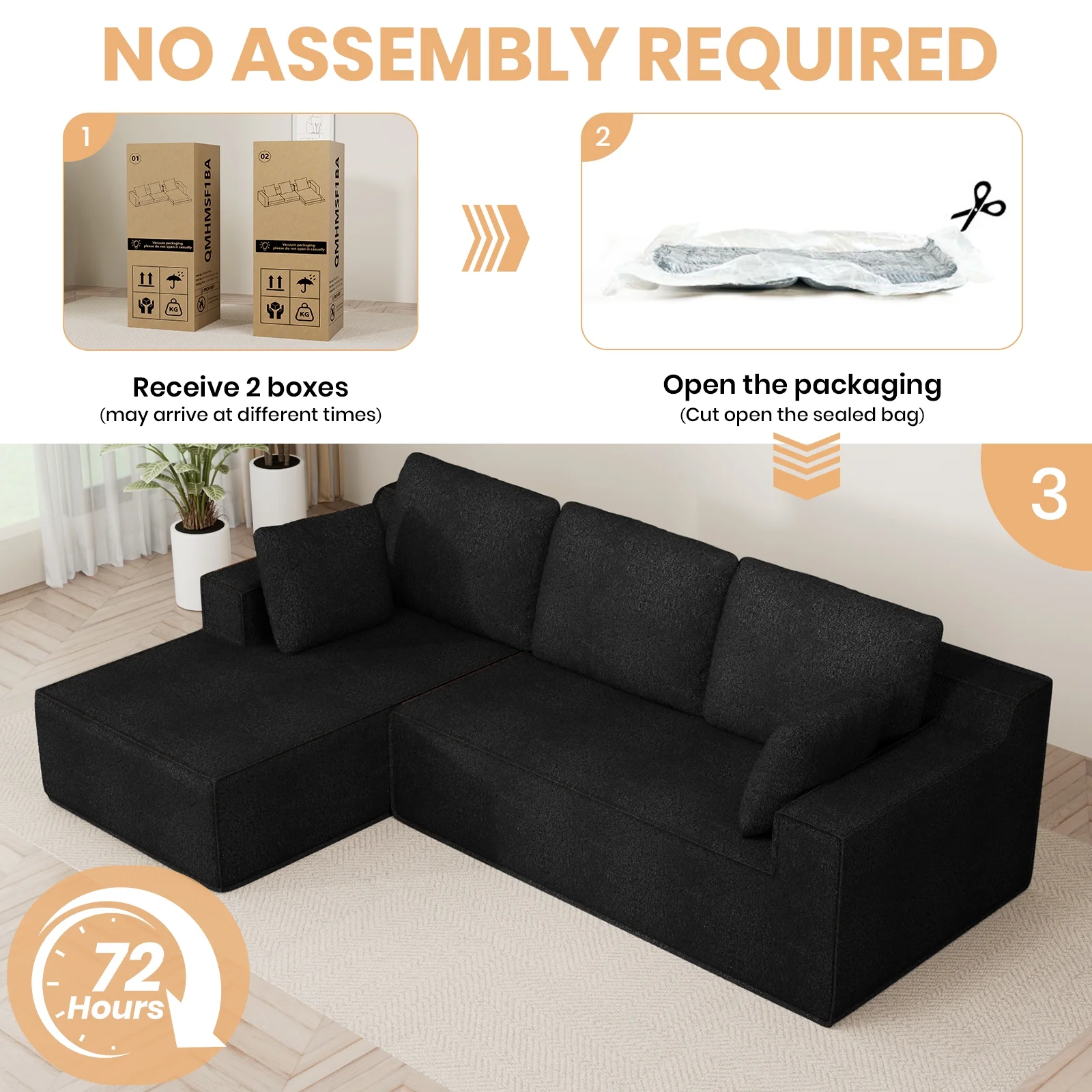 Modular Sectional Sofa for Living Room, 104" L-Shape Boneless Cloud Couch with Oversized Chaise, Right Chaise, Black, 3 Seat, Microfiber Fabric(Black-Microfiber) - Image 10