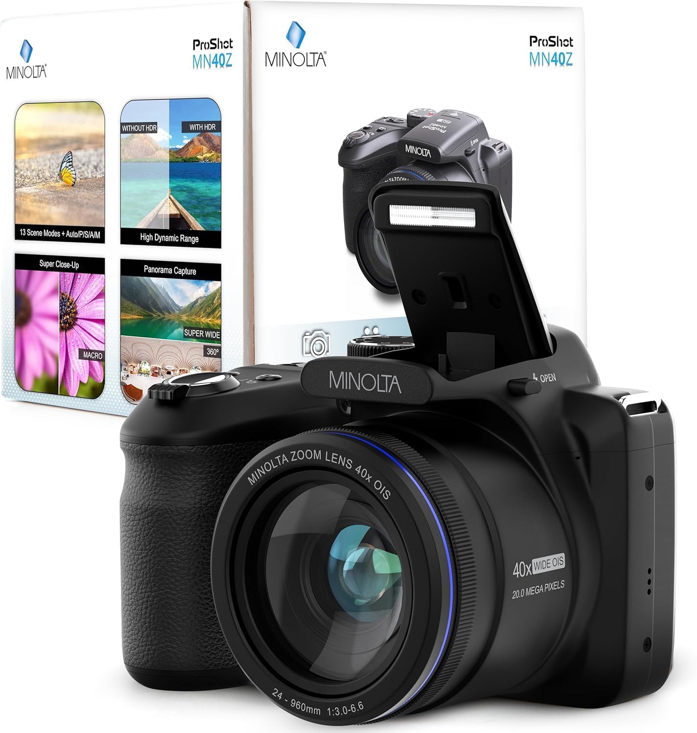 Minolta MN40Z 20MP Digital Camera – 40x Optical Zoom  1080p FHD Video  3.0