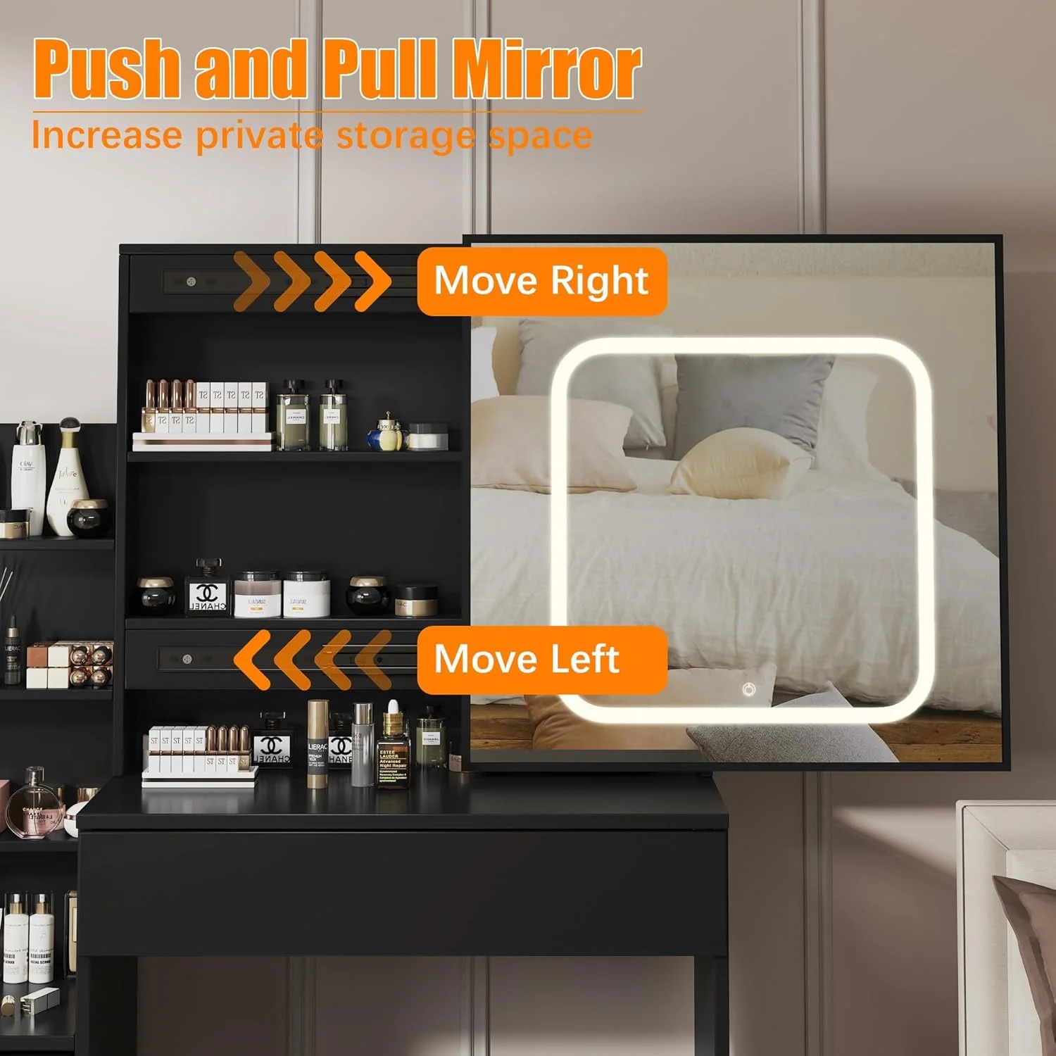 Vanity Desk with Sliding Mirror and Lights, Makeup Vanity Set with Power Outlet, 4 Drawers, Stool, Open Shelves, 3 Color Lighting Modes, Brightness Adjustable, Makeup Dressing Table for Bedroom(black) - Image 6