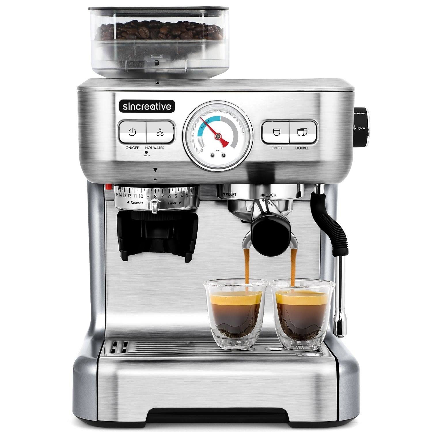 Sincreative Espresso Machine with Grinder, 20 Bar Cappuccino Coffee Maker 95 fl oz, Stainless Steel, Silver