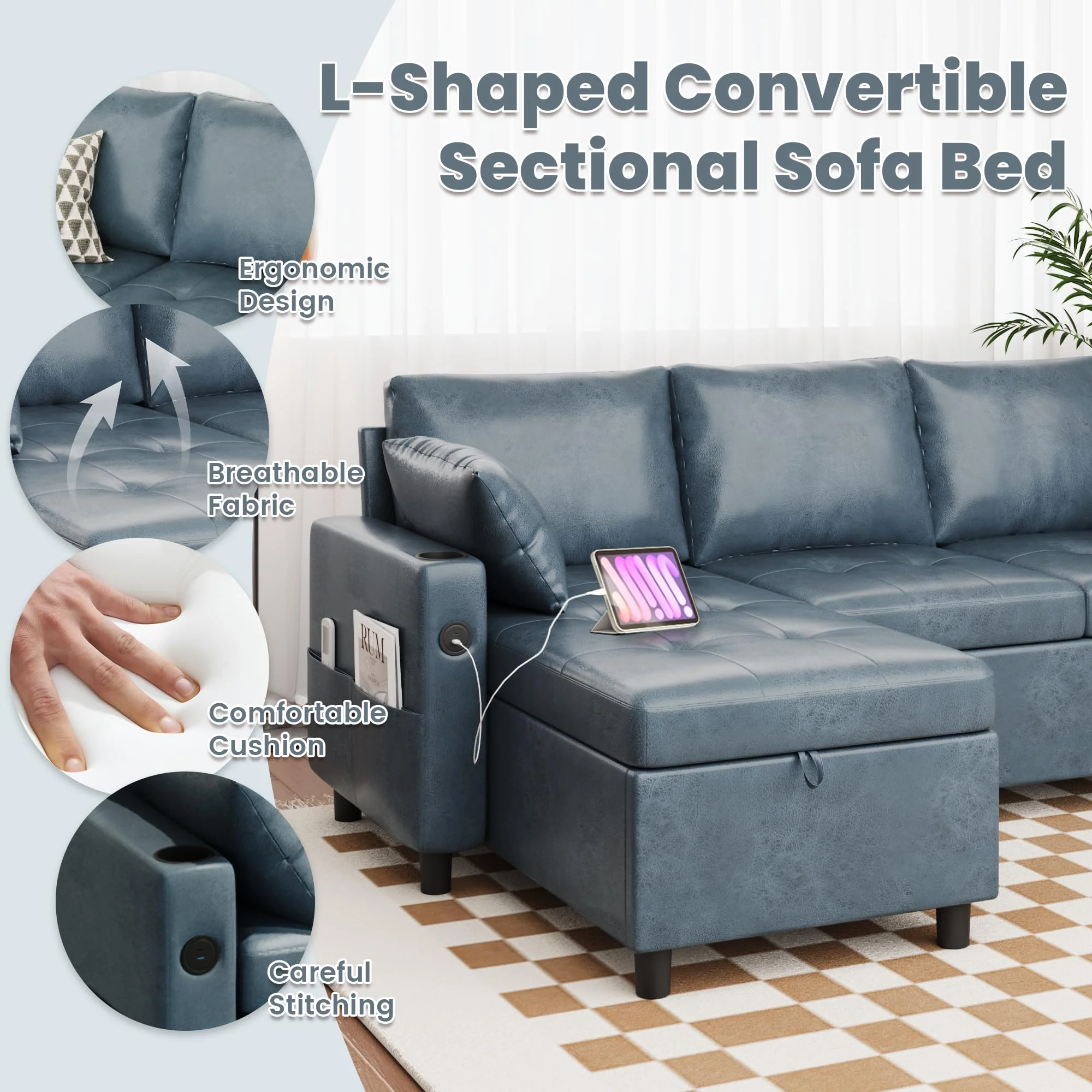AECOJOY Sleeper Sofa Couch with Pullout Bed, Faux Leather, Blue