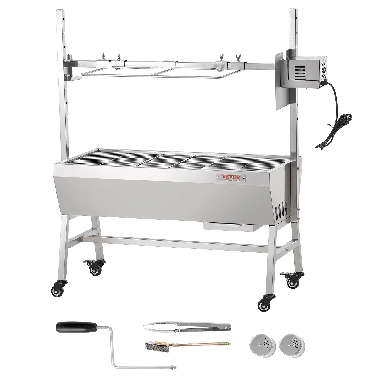 VEVOR Upgrade Rotisserie Grill, 35 in 90 lb Capacity, BBQ Whole Pig Lamb Goat Charcoal Spit Grill, Electric 42W Motor Stainless Steel Rotisserie Roaster with Lockable Wheels, for Camping Outdoor