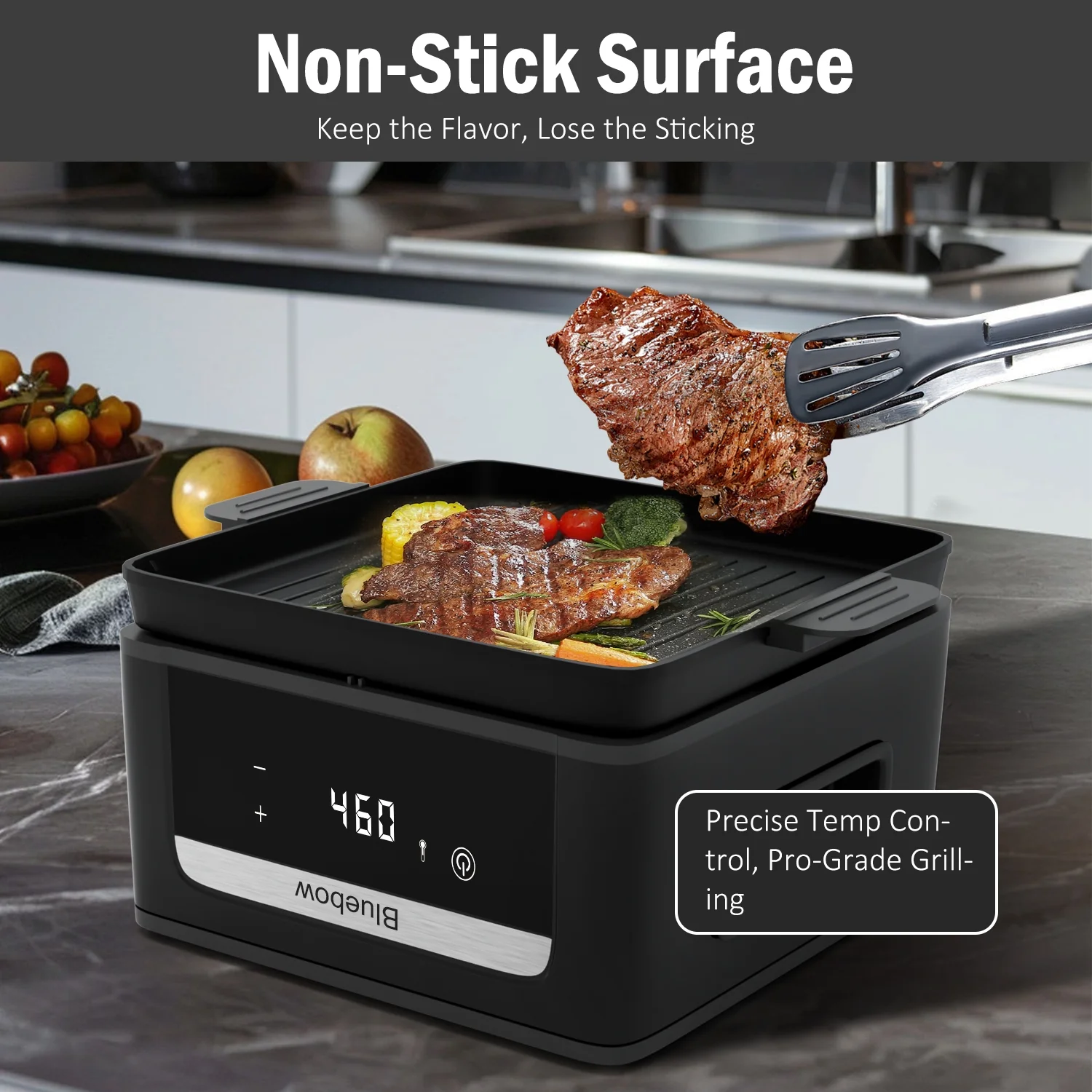 Bluebow 9QT Air Fryer & Grill Pan Combo, Large Capacity, 8 Preset Functions, Non Toxic, Non - Stick, View Window, Black