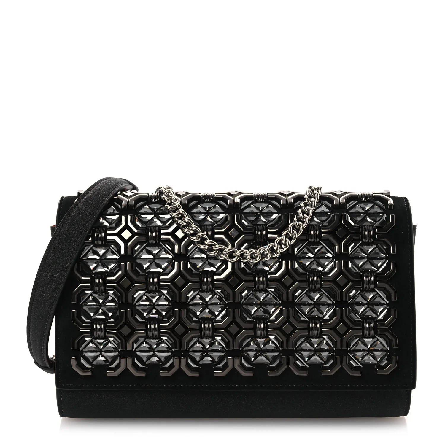 Suede Glitter Calfskin Embellished Paloma Clutch Black