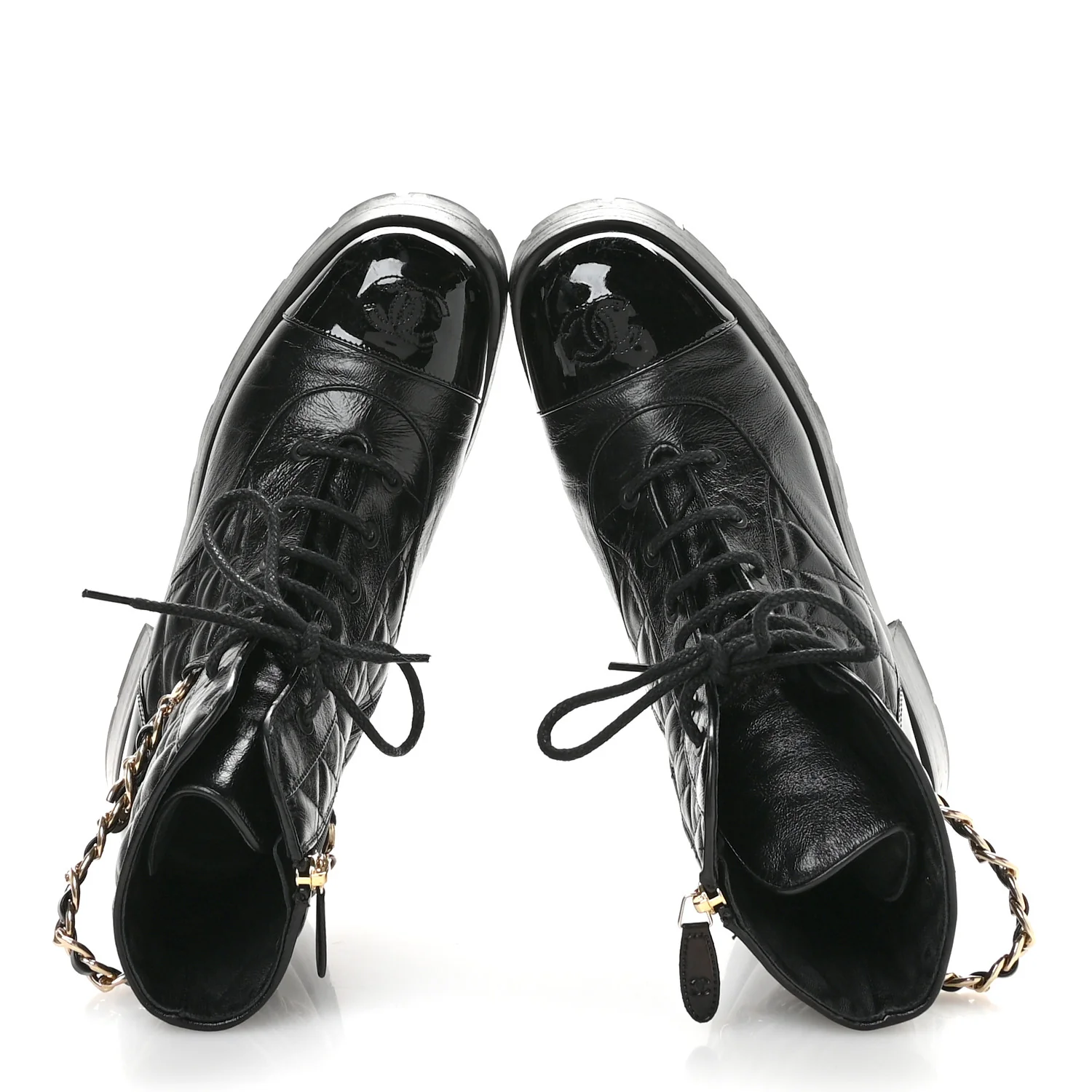 Shiny Calfskin Patent Quilted Chain Lace Up Combat Boots 40 Black