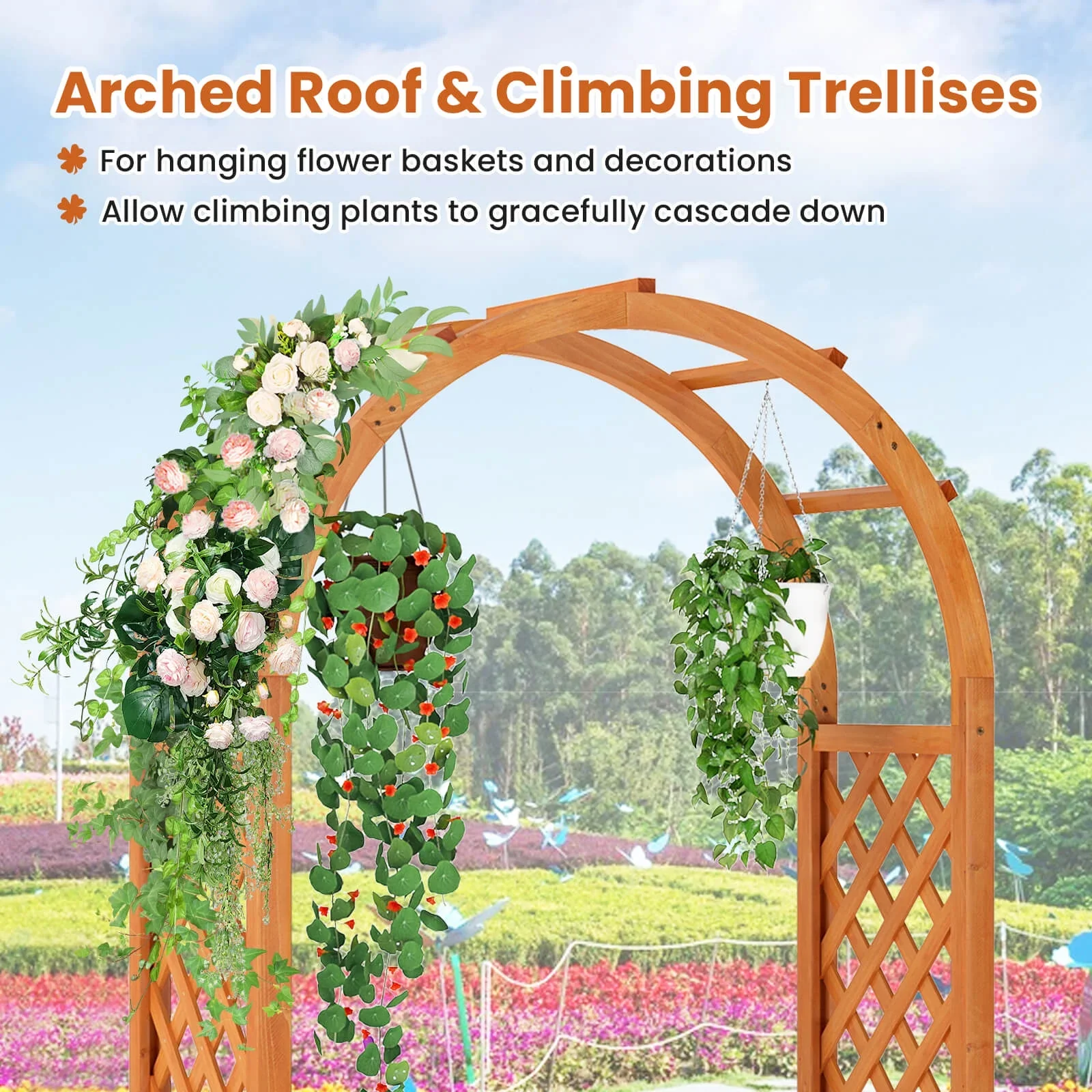 Costway 1 PCS Raised Garden Bed Wooden Elevated Planter Box with Lattice Trellis & Ached Roof
