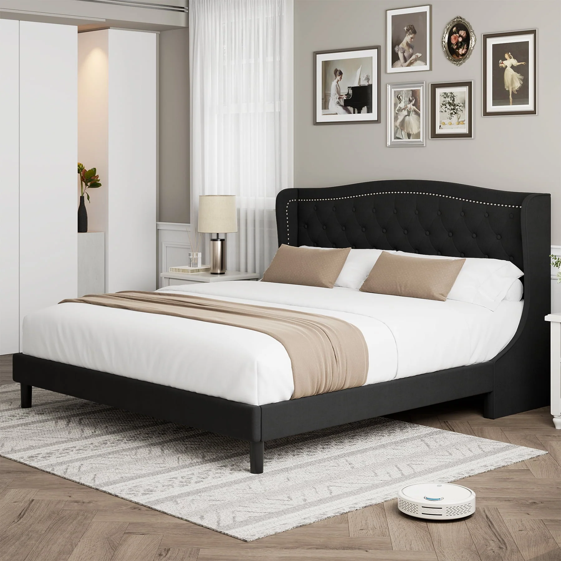 Homfa Queen Bed Frame, Wing-Back Button Tufted Upholstered Headboard, Modern Platform Bed Frame with Wood Slat Support for Bedroom, Black(Full/Beige)