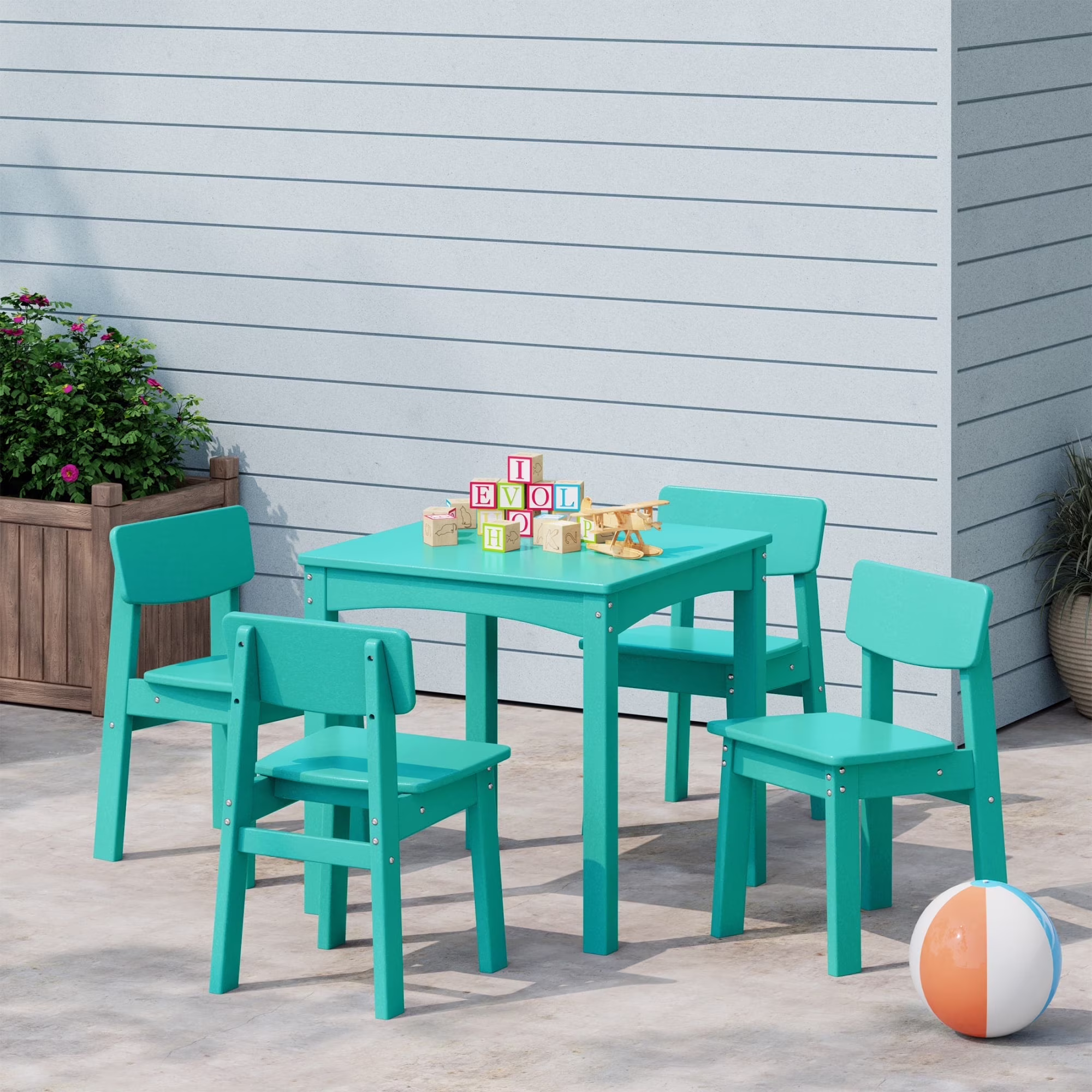 Treehouse Kids 5-Piece Modern HDPE Dining Table and Chairs Set, Turquoise(Turquoise)