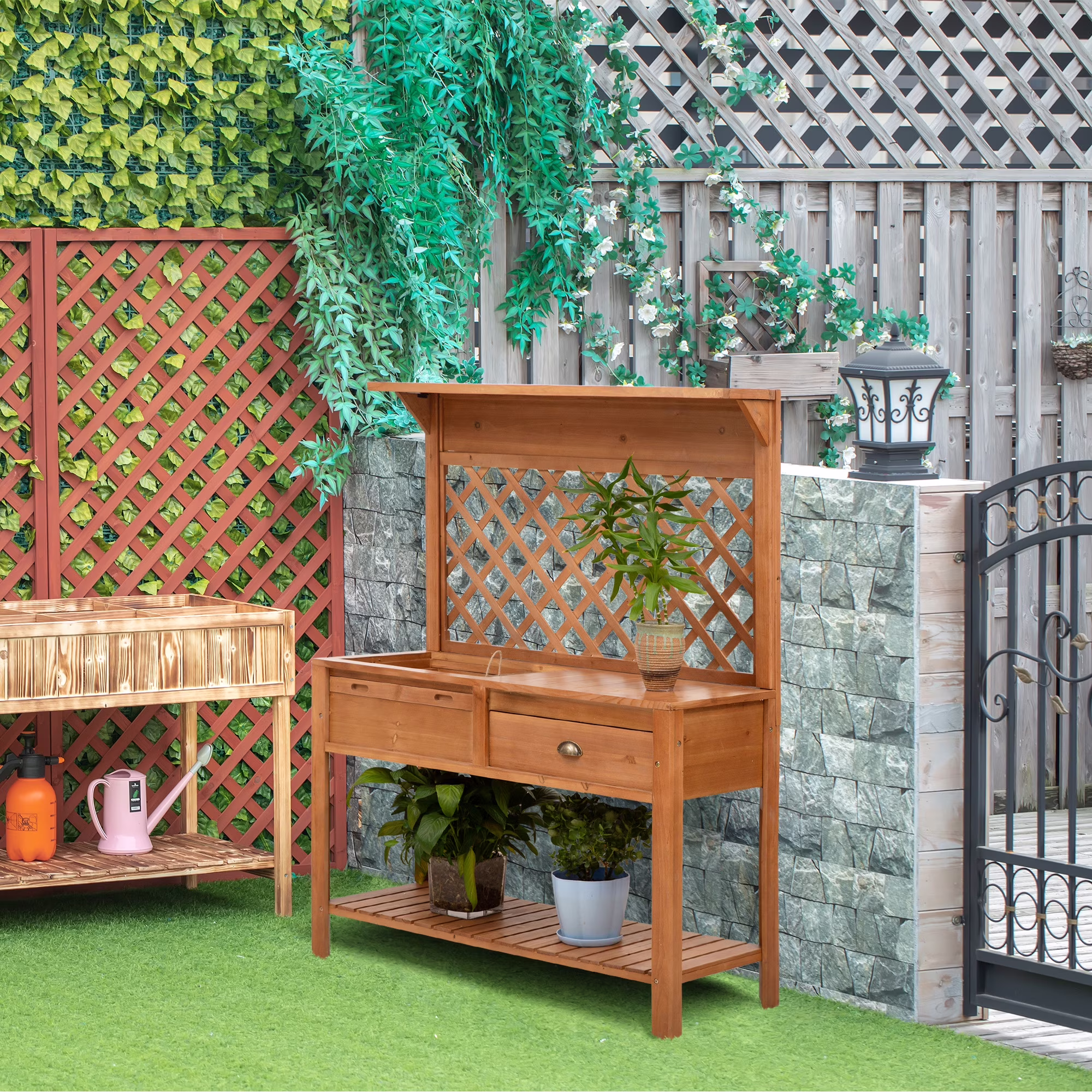 Outsunny Garden Potting Bench, Outdoor Wooden Workstation Table w/ Metal Screen, Drawer, Hooks, Storage Shelf, and Lattice Back for Patio and Porch