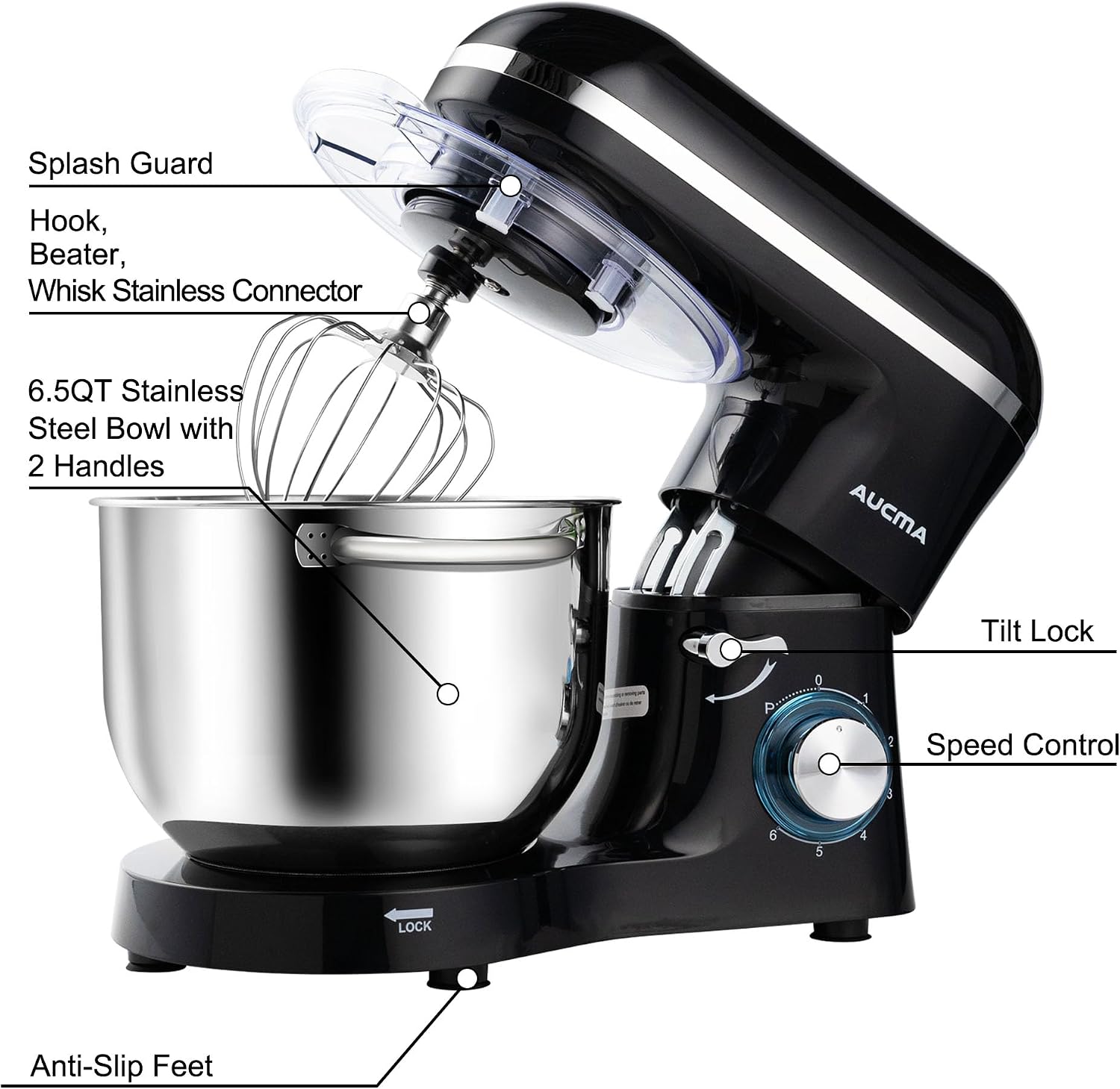 Aucma Stand Mixer, 6.5-QT 660W 6-Speed Tilt-Head Food Mixer, Kitchen Electric Mixer with Dough Hook, Wire Whip & Beater (Black, 6.5QT)