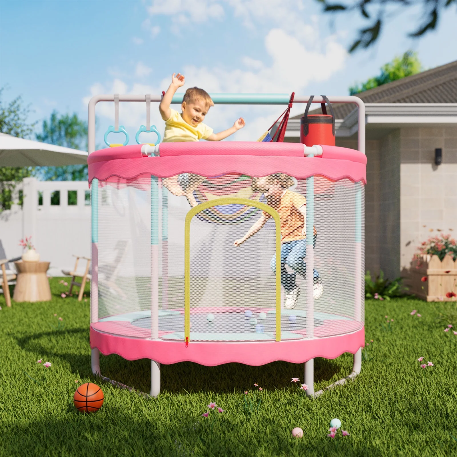 60" Toddler Trampoline Mini Trampoline for Kids with Enclosure Net 5FT Mini Trampoline with Swing Sandbag Basketball Hoop for Kids, Boys Girls,440Lbs Pink(Pink) - Image 4