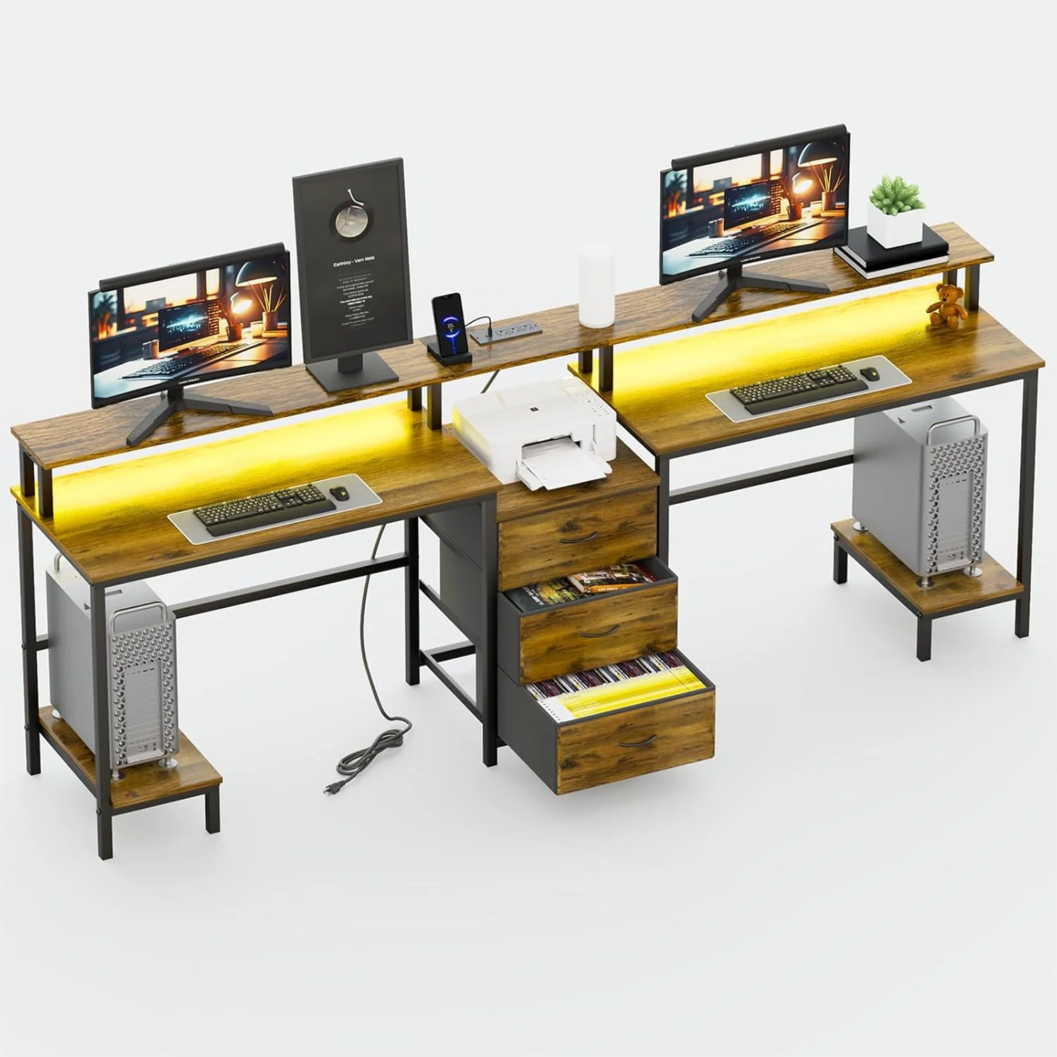 2 Person Desk with LED Lights & Charging Station – Long Desk for 2 with Storage Drawers, Monitor Riser, USB Ports & Outlets – Modern Study Table or Workstation for Home Office