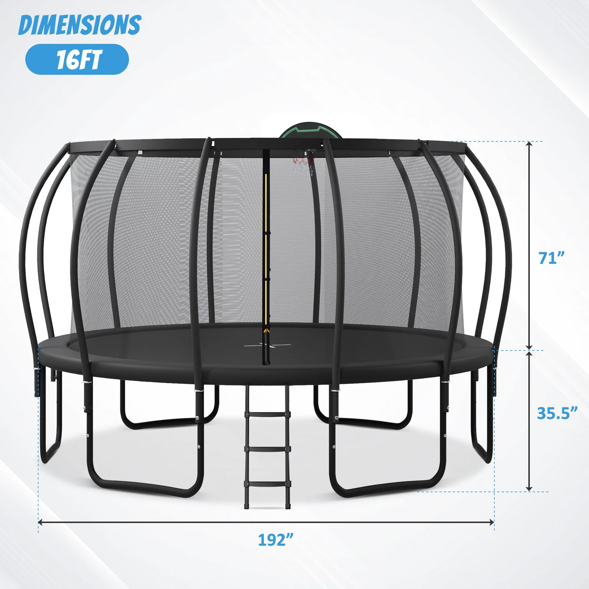 16FT Trampoline with Basketball Hoop for Kids and Adults Outdoor Trampoline with Ladder and Safety Enclosure Net Pumpkin Trampoline with Curved Poles Heavy Duty Recreational Trampoline 1500LBS(16'/Black) - Image 7