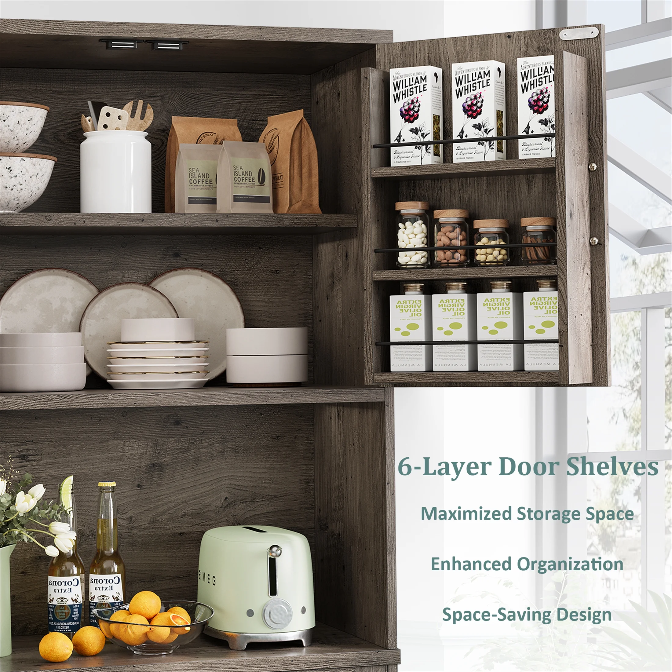 71'' Tall Kitchen Pantry Storage Hutch Cabinet with Doors and Shelves, Grey Oak(71'' Pantry Cabinet(Grey Oak)) - Image 4