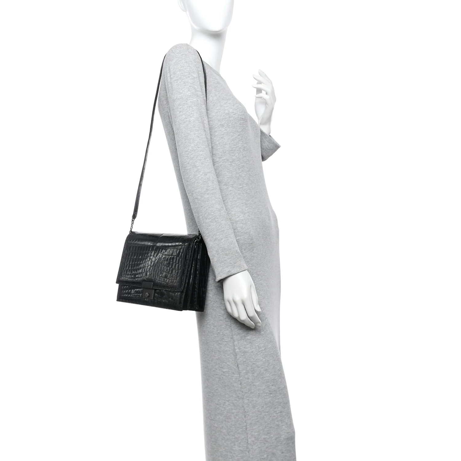 Crocodile Accordion Flap Shoulder Bag Black