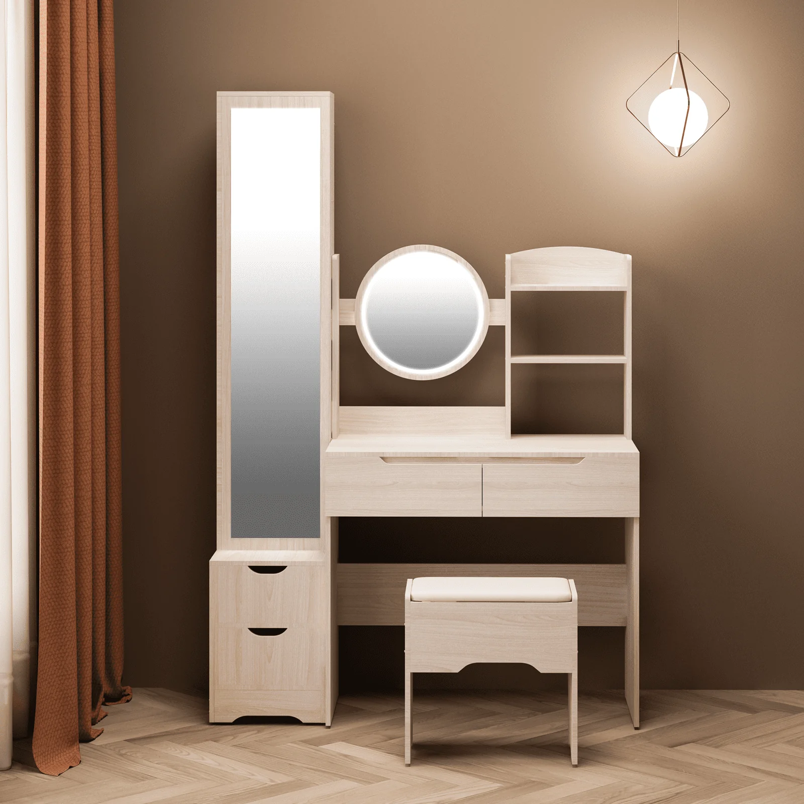 Lighted Vanity Table Set, Dressing Table with Full Length Mirror, Bedroom Makeup Table with Hidden Stoarge Cabinet, White Oak Color - Image 3