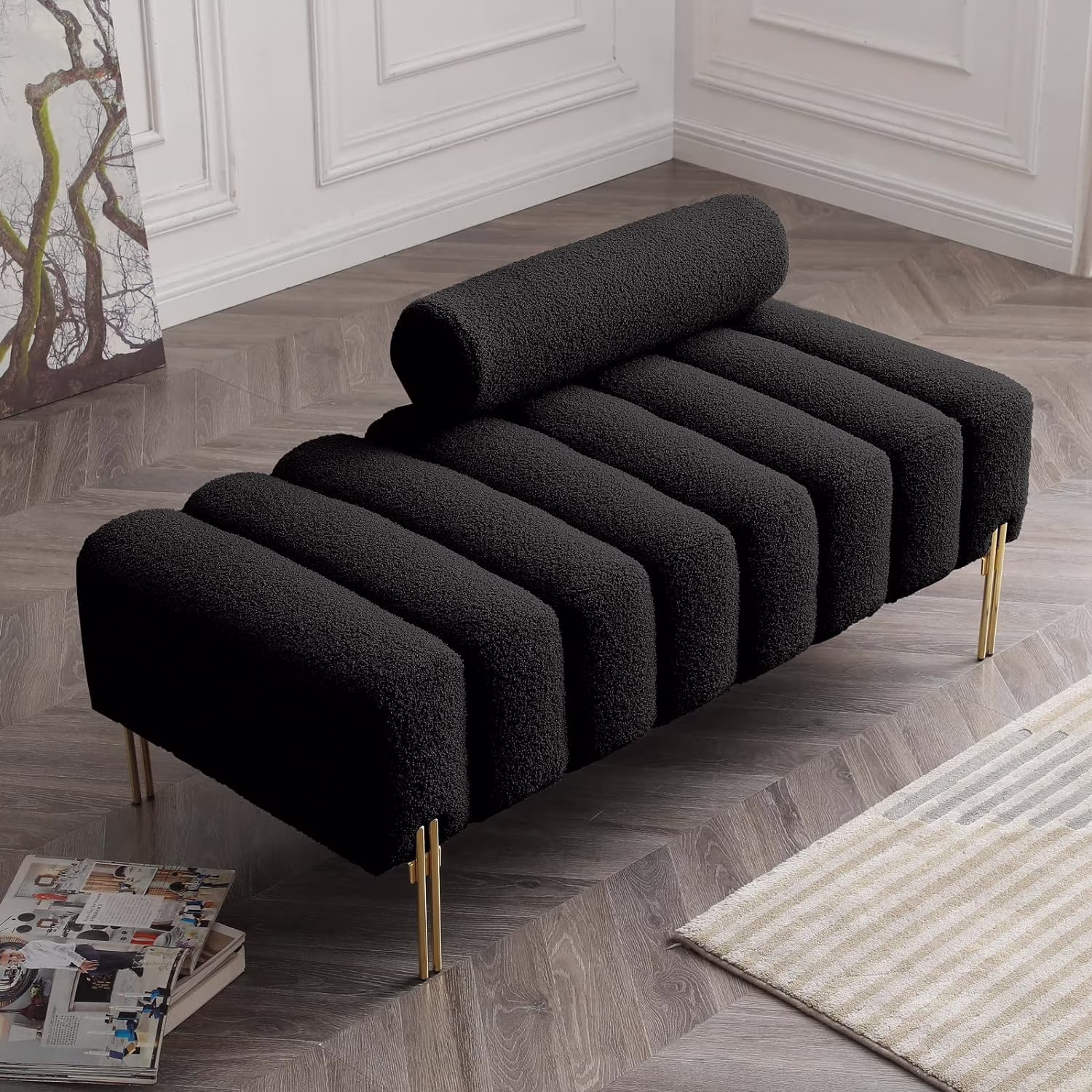 Sherpa Upholstered Indoor Bench, White(White) Image 5