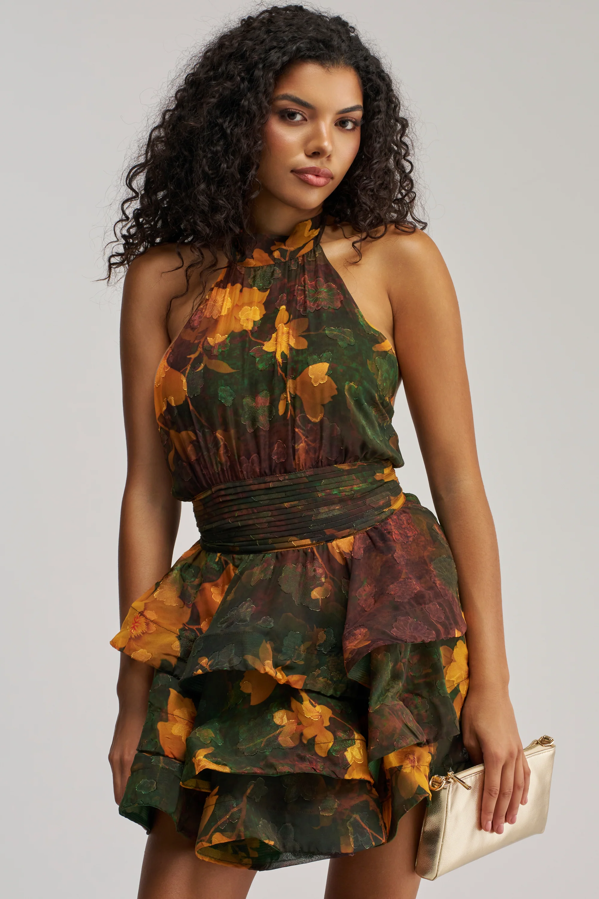 SPIN ME AROUND CHIFFON MINI DRESS IN GREEN FLORALS - Akira Store